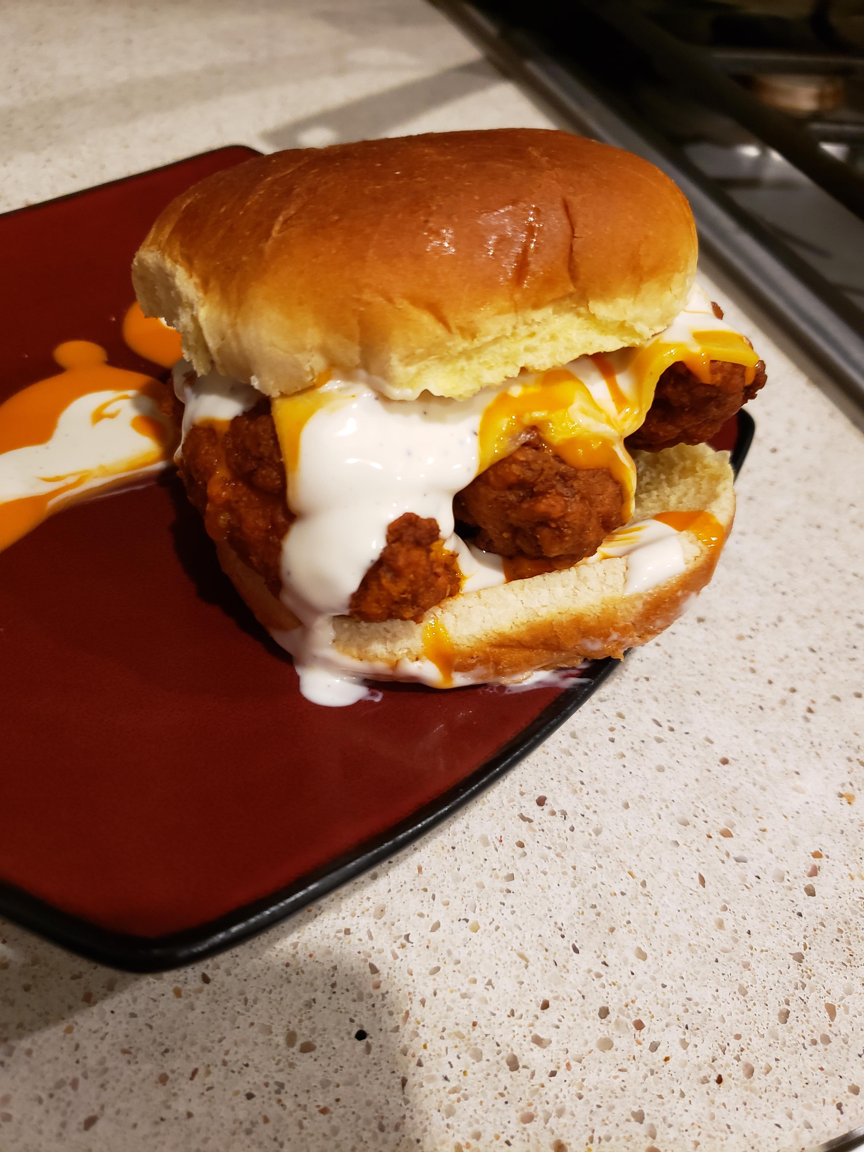 I made a buffalo ranch chicken strip sandwich w/ American cheese on a