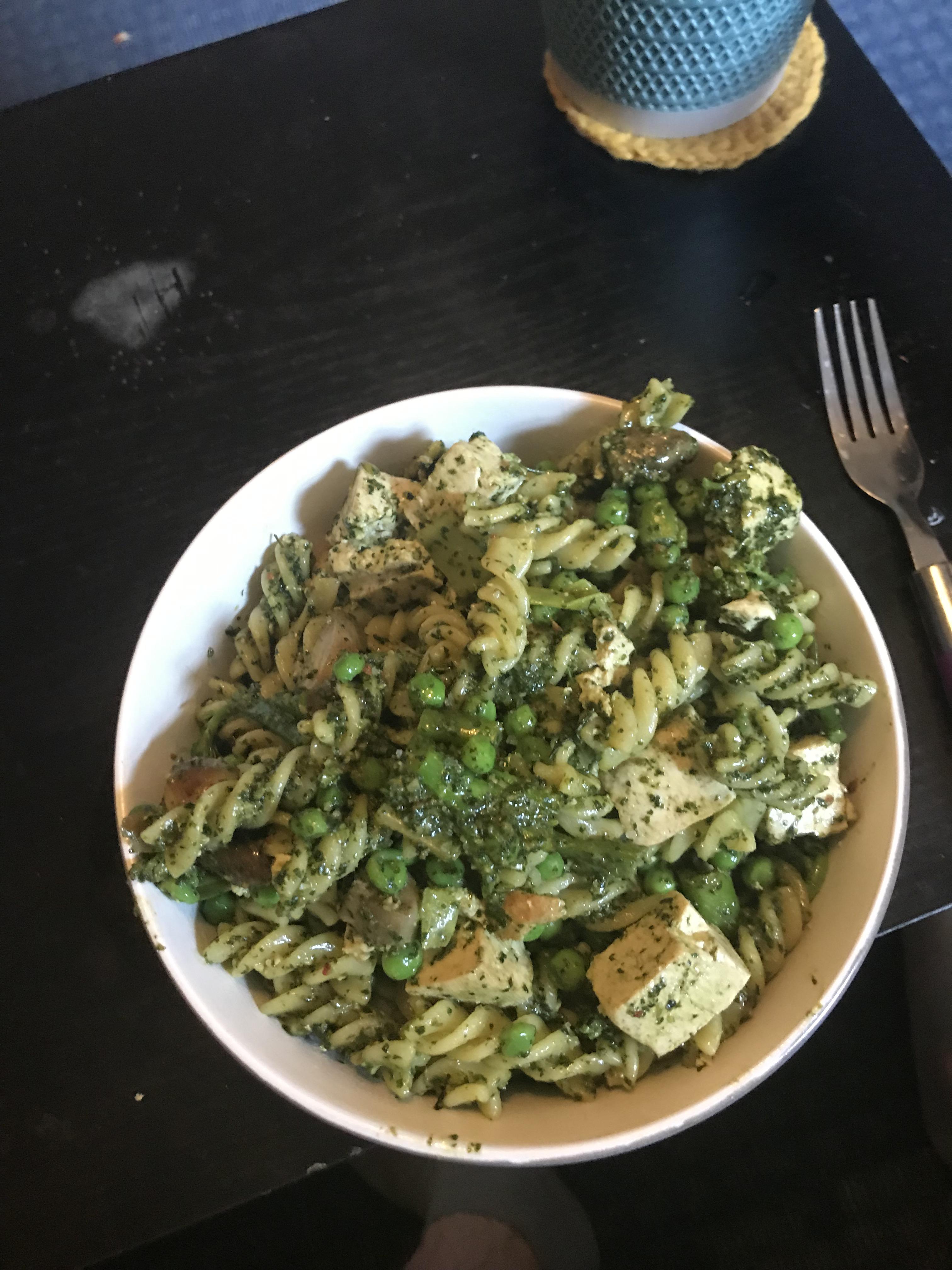 I made homemade pesto pasta with tofu! r/vegan