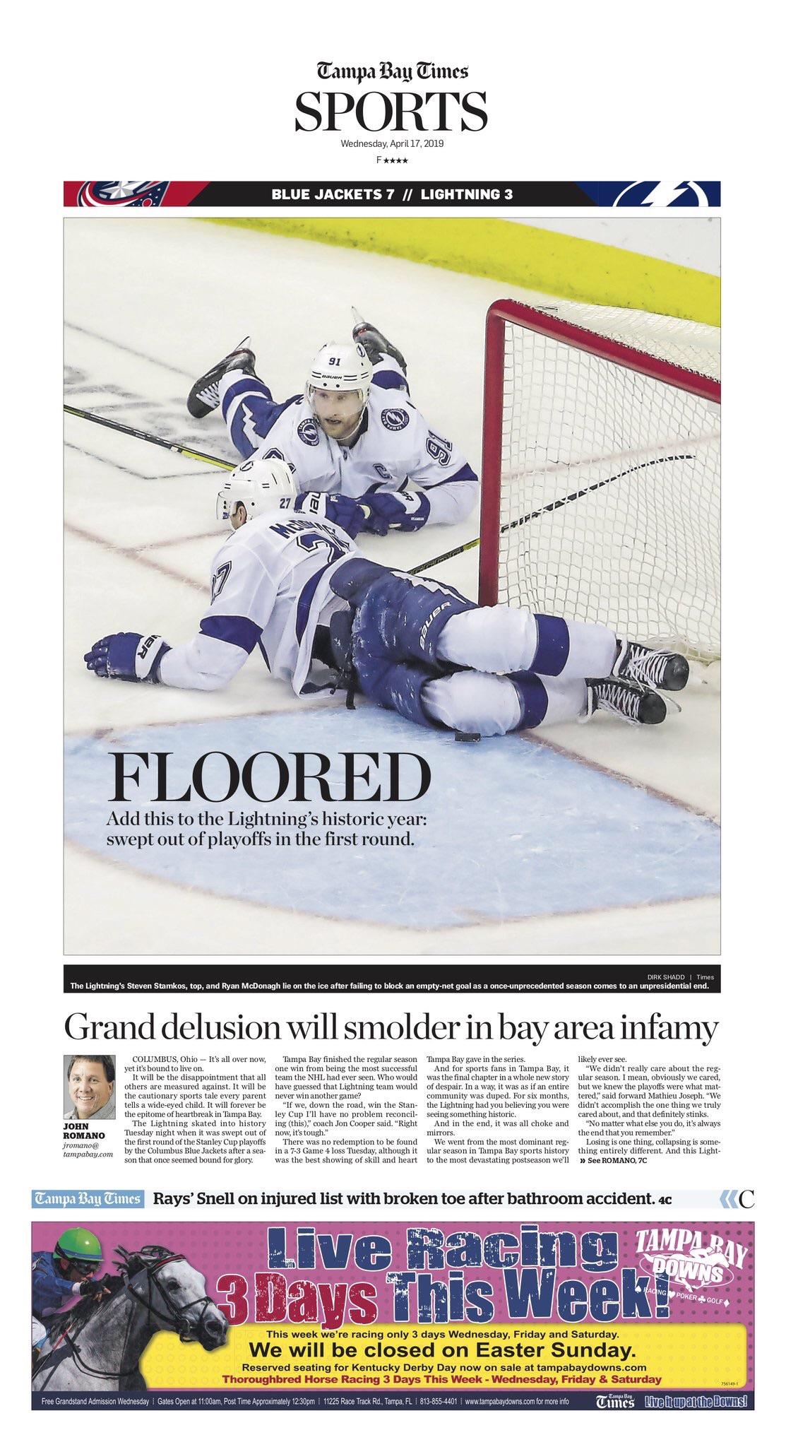 Cover of the Tampa Bay Times this morning. hockey