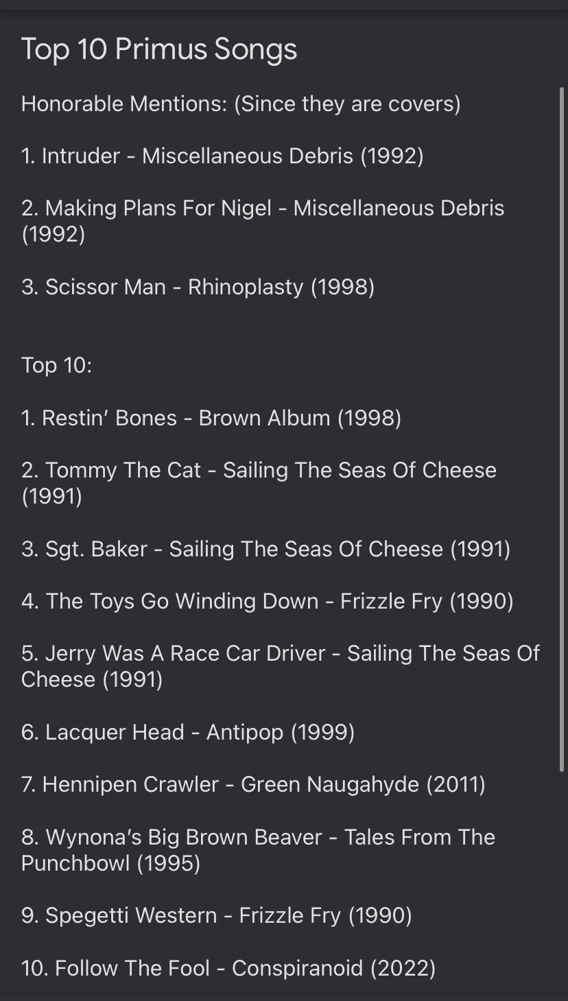 My current Top 10 ranking of Primus songs, honorable mentions included