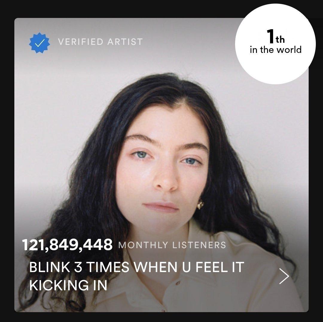 Lorde is now the most listened artist on Spotify passing Drake at 1