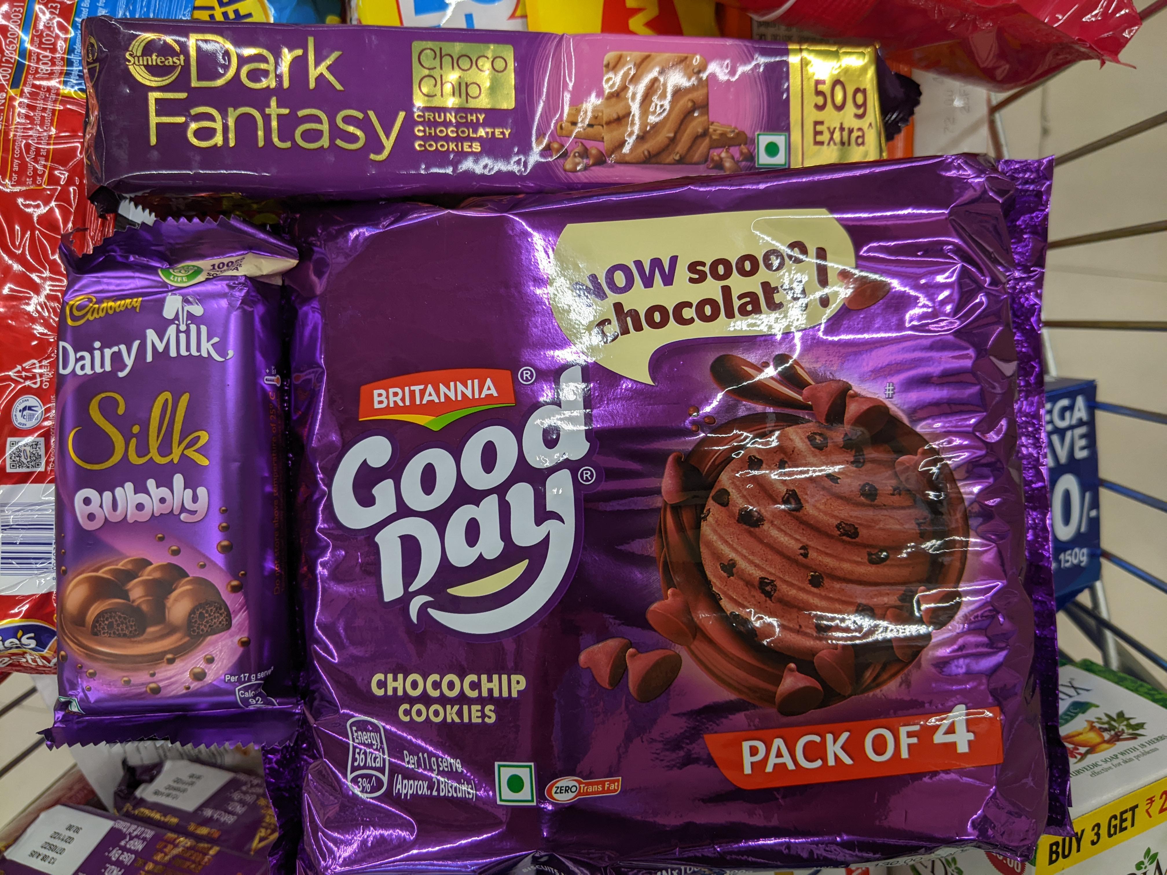 Three different brands. But all use the same colour scheme. Purple packaging and brown chocolate