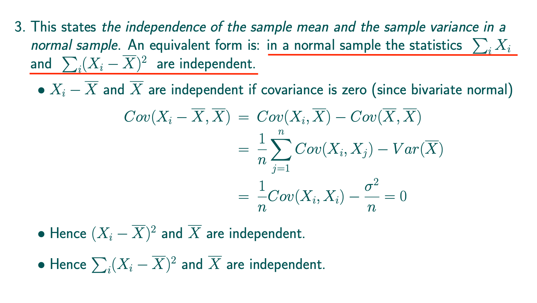 Proof of independence of (normal) sample means and variance using