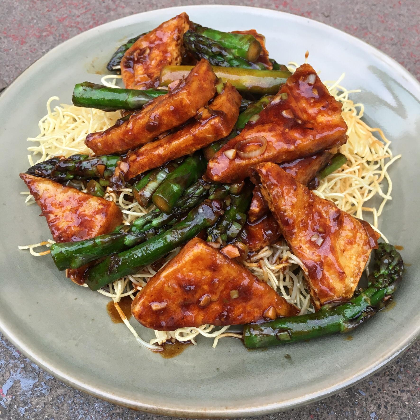 Kenji’s crispy tofu stirfry with asparagus and panfried noodles r