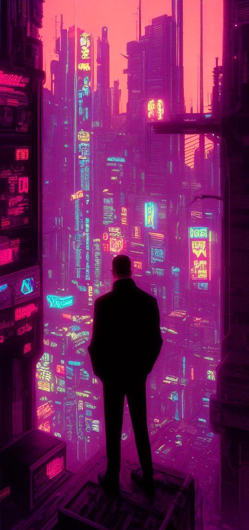 Man needlessly standing on roof overlooking cyberpunk city posing for phone wallpaper considers