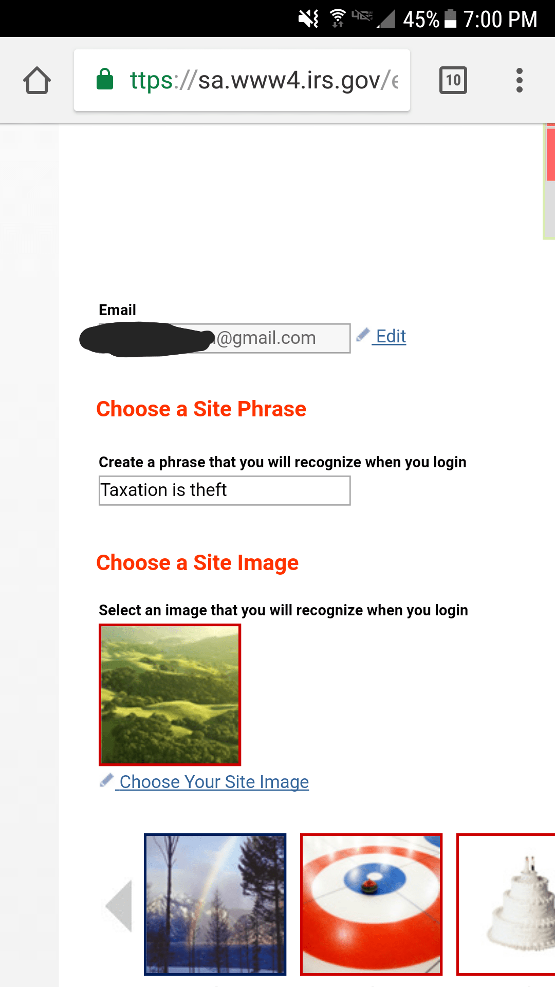 I had to choose a site phrase when making an account with irs.gov to