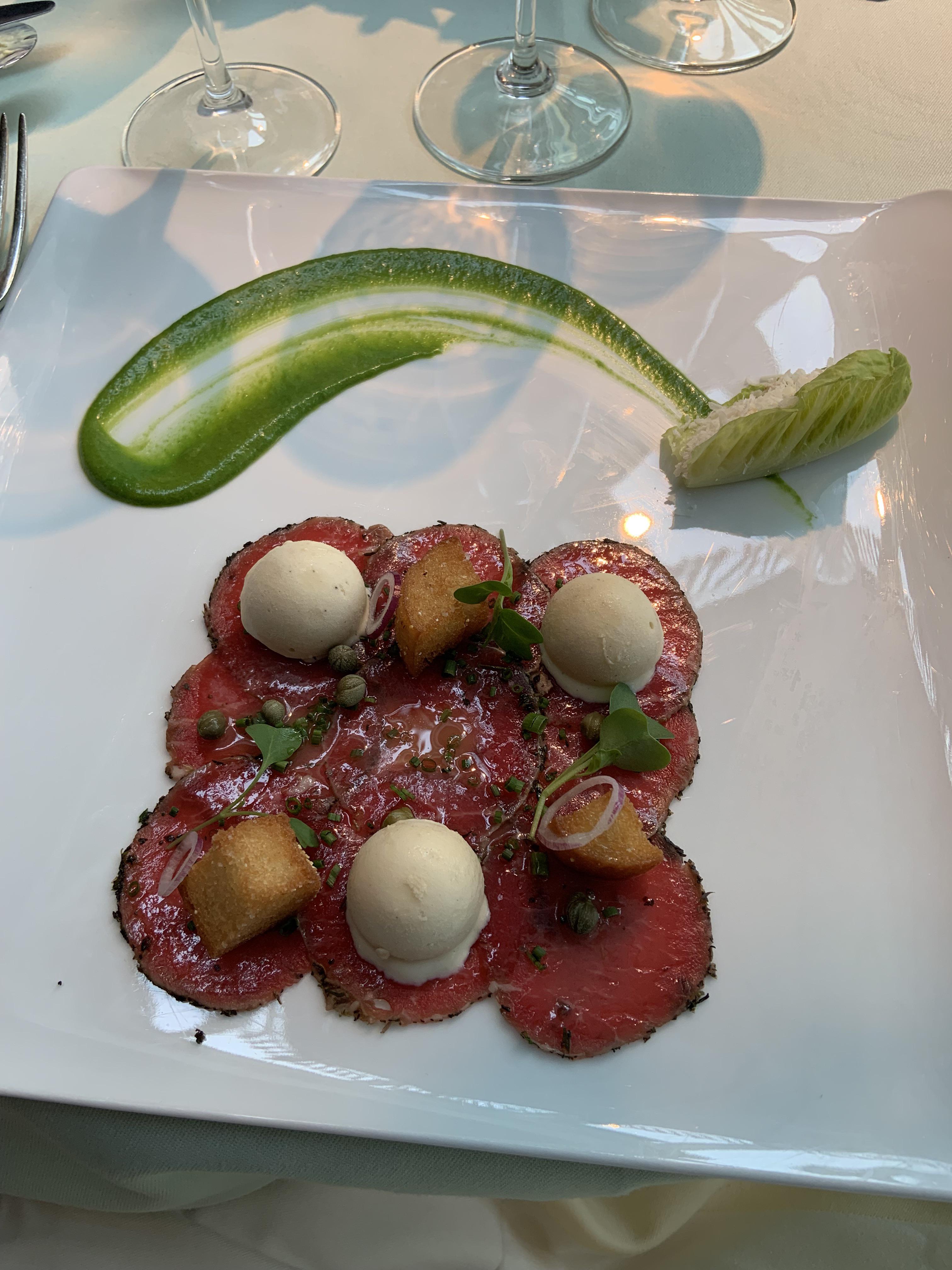 Inn at Little Washington lamb carpaccio with Caesar salad ice cream
