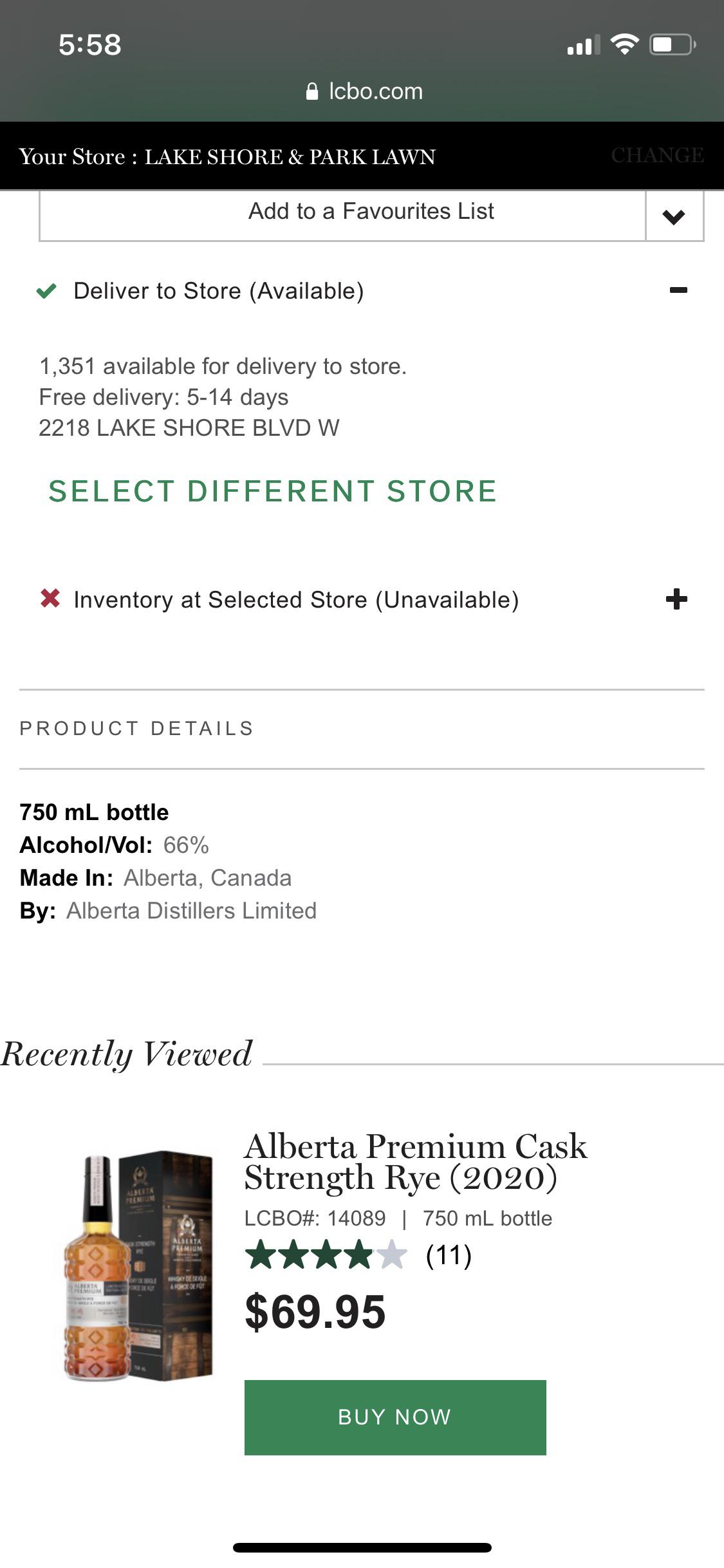 Alberta Premium Cask Strength back in stock in Ontario. LCBO has online