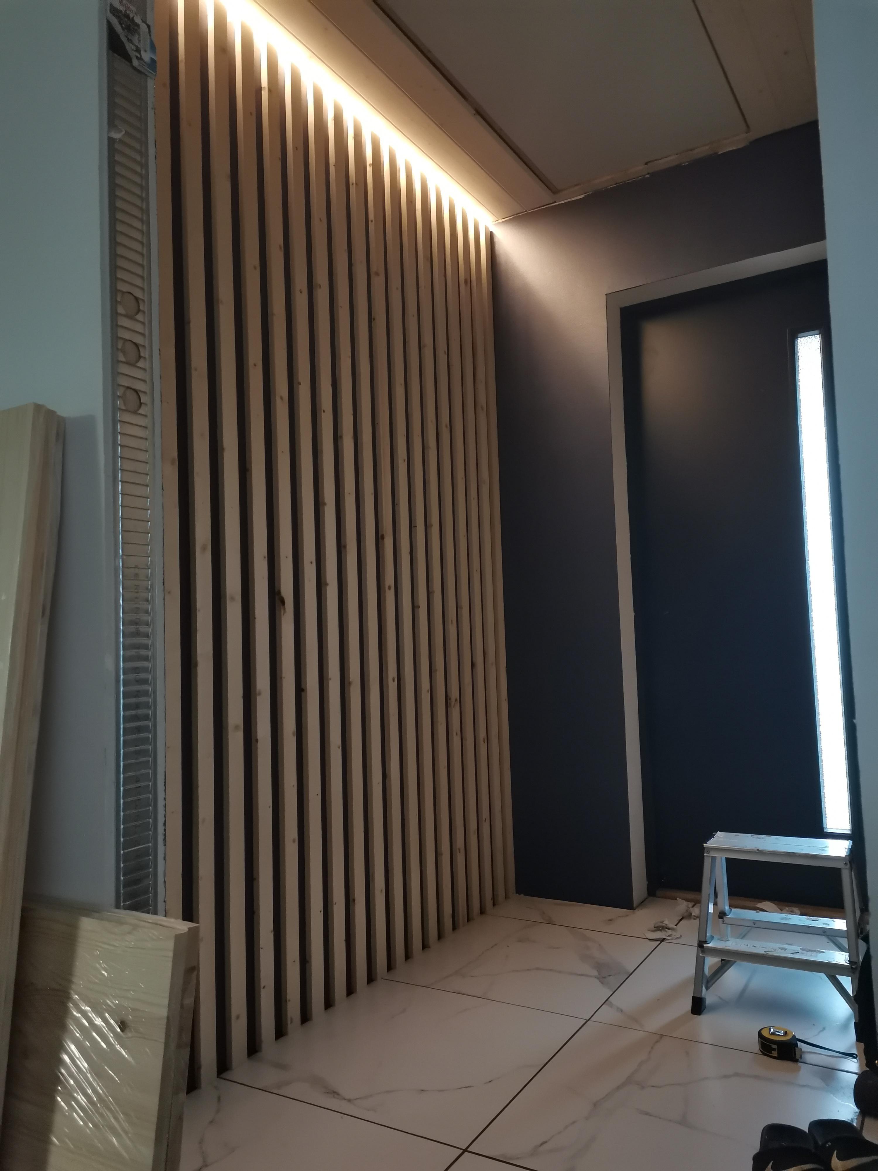 Vine wood striped wall with LED lighting r/woodworking