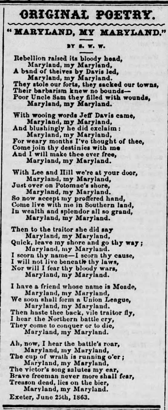 Patriotic version of Maryland, My Maryland published in the Pittson