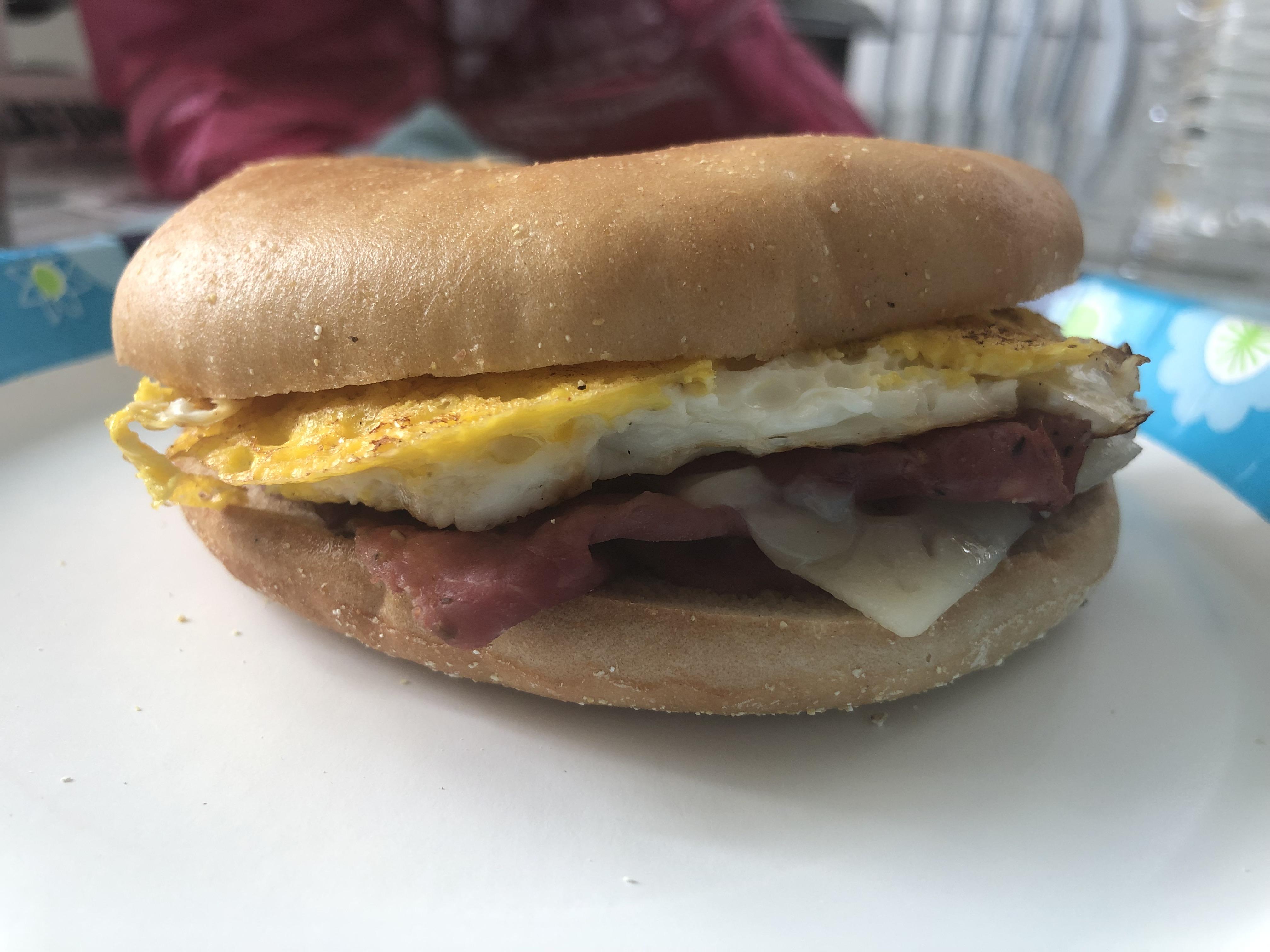 Pastrami Egg and cheese bagel for 265 calories. Yum! r/1200isplenty