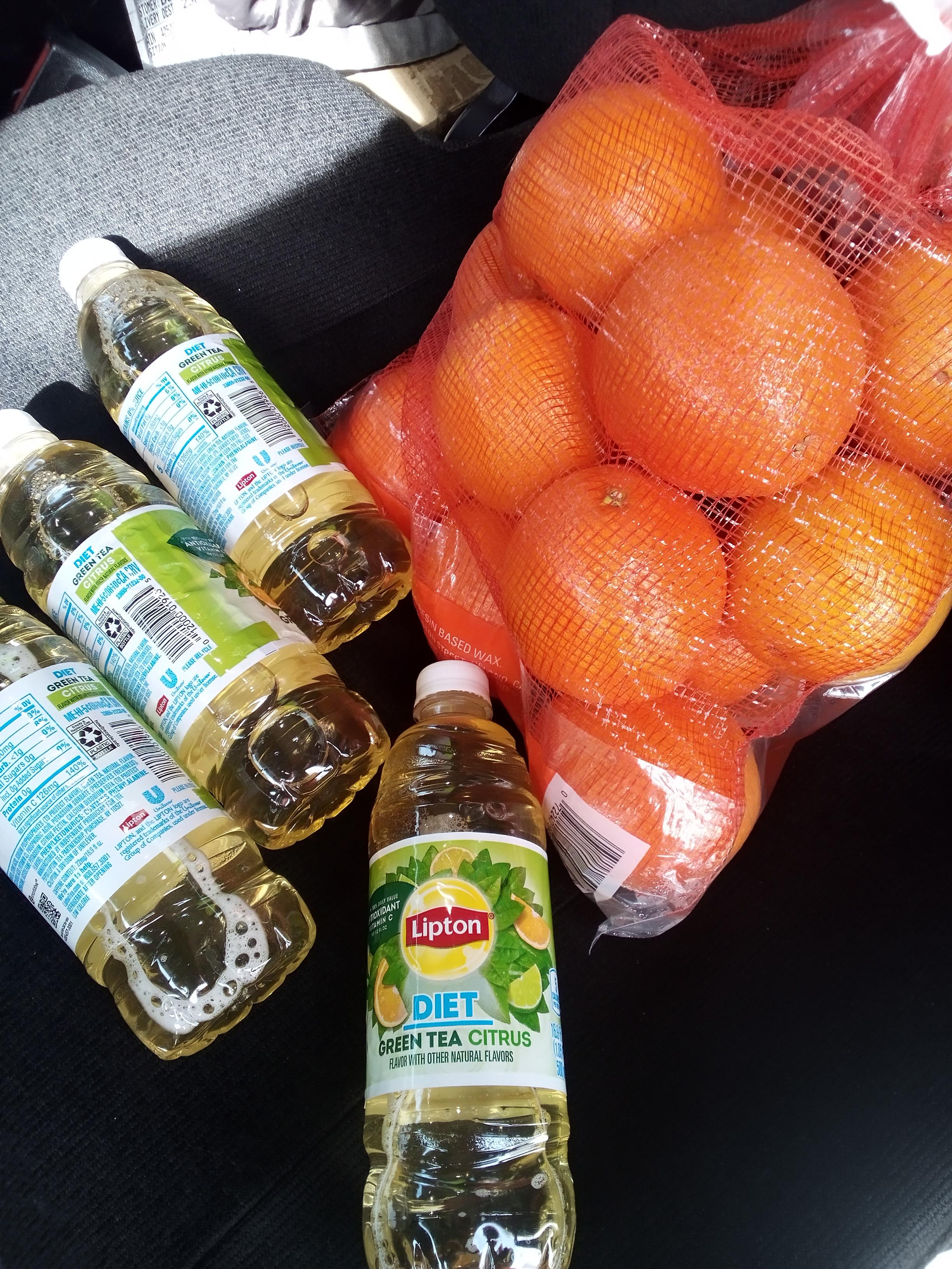 Oranges & Green Tea from Sam's Club. I'm a truck driver & parked near