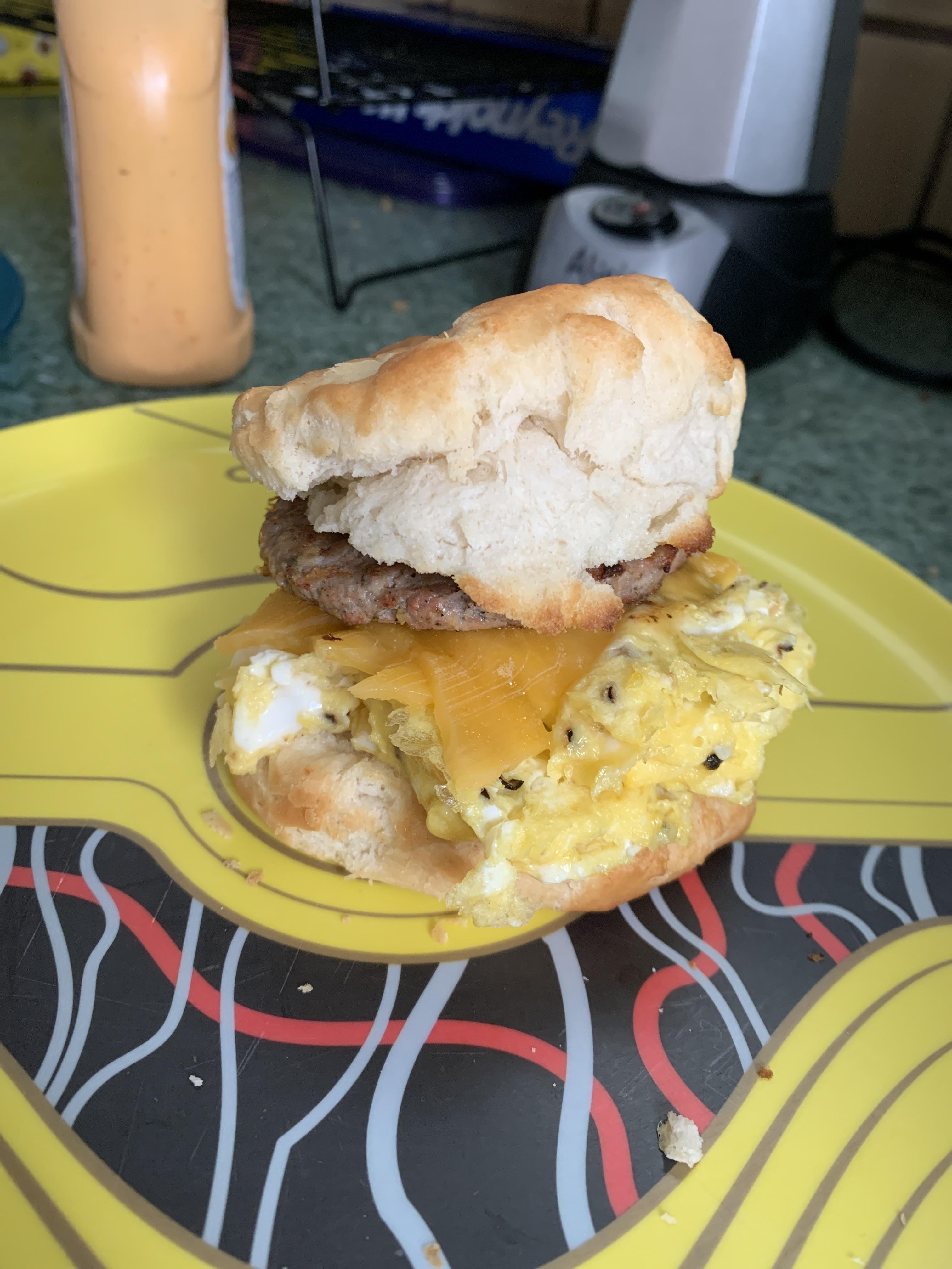 [Homemade] biscuit sandwich with turkey sausage, egg with pepper and
