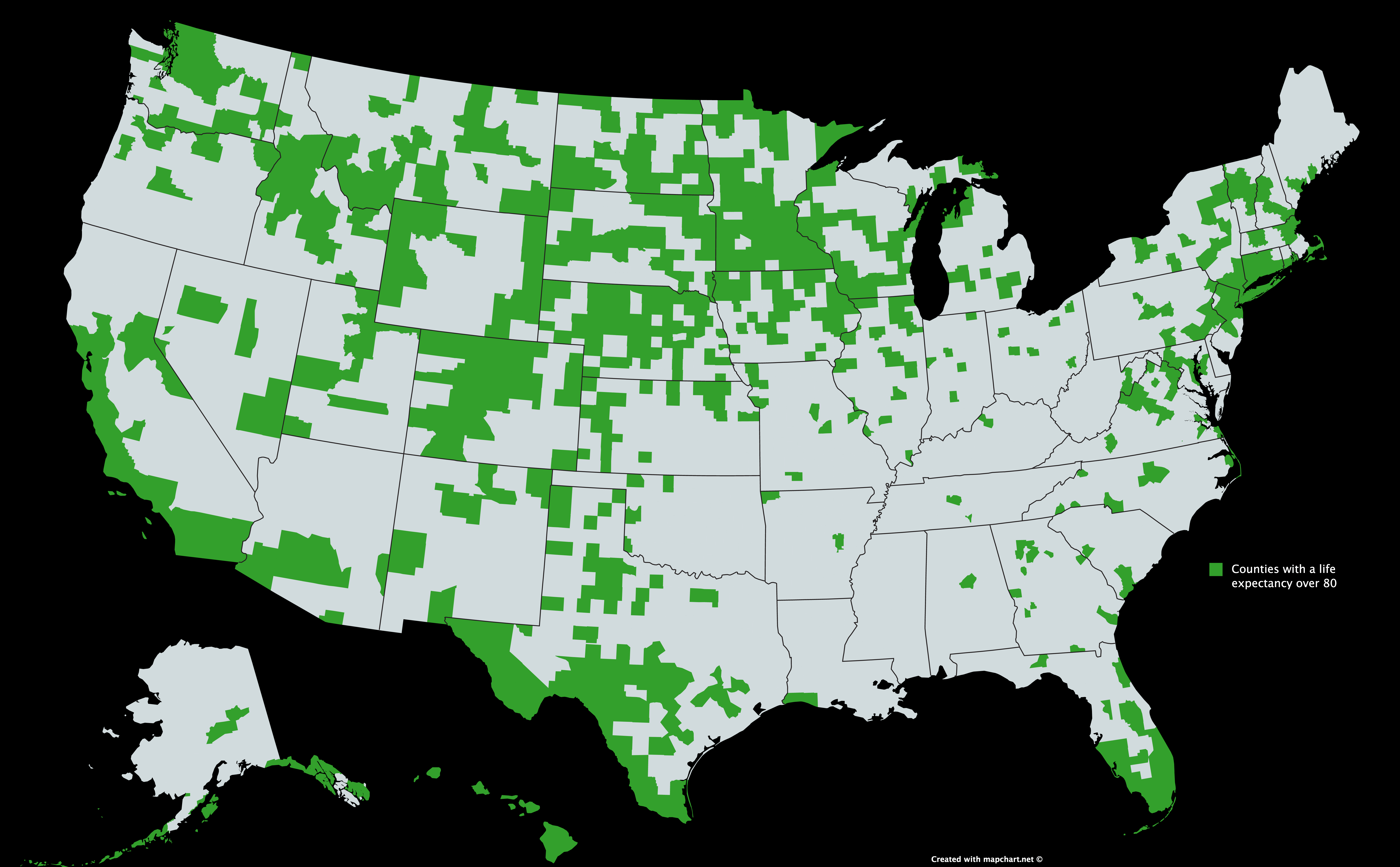 Counties with a life expectancy over 80 (2019 Update) r/MapPorn
