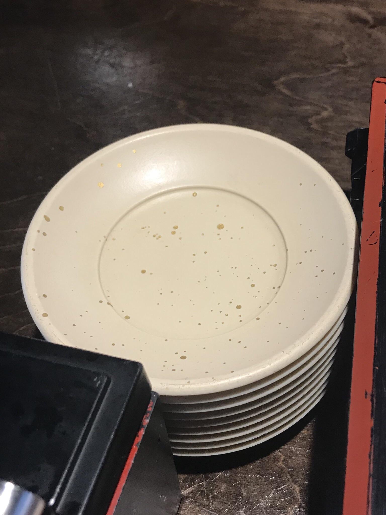 The spots on this plate make it permanently look dirty r