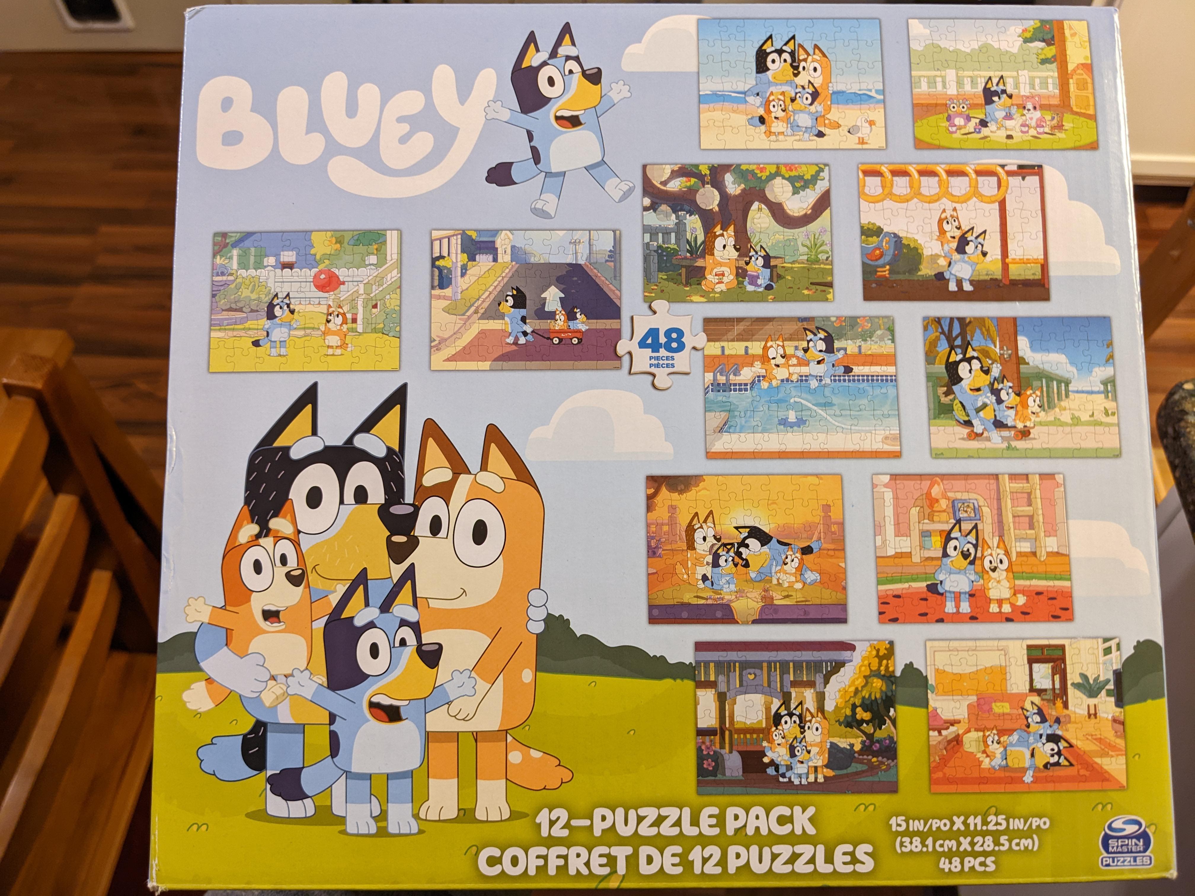12pack of kidfriendly Bluey puzzles; found at Walmart in the US for