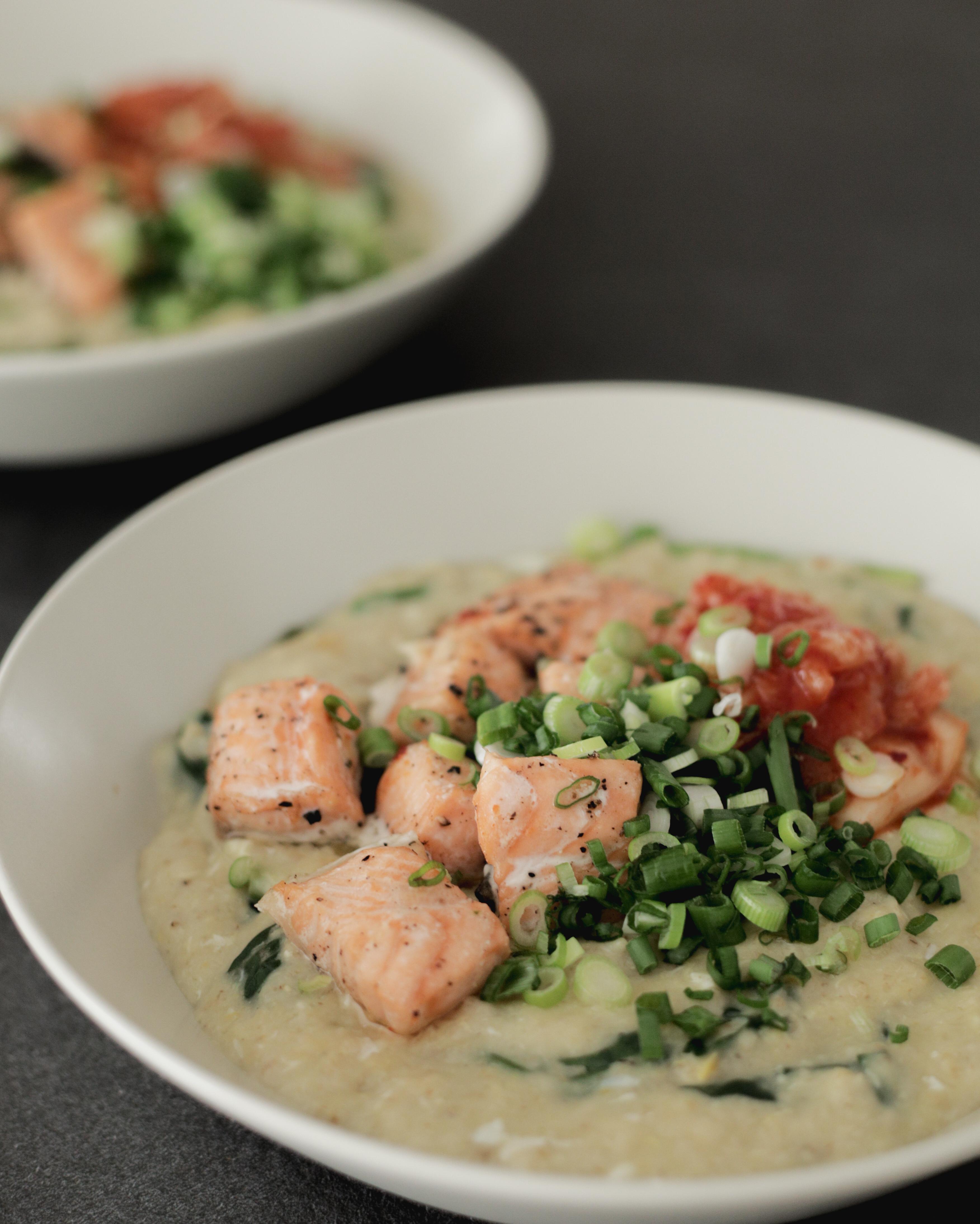 [I made] Savory oatmeal porridge with salmon and spinach. Topped with