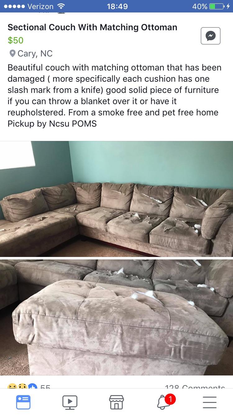 Beautiful couch for sale, with a slash mark in each cushion. r