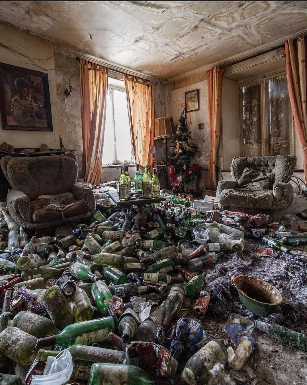 Empty bottles everywhere yet this living room seems parched of hope r