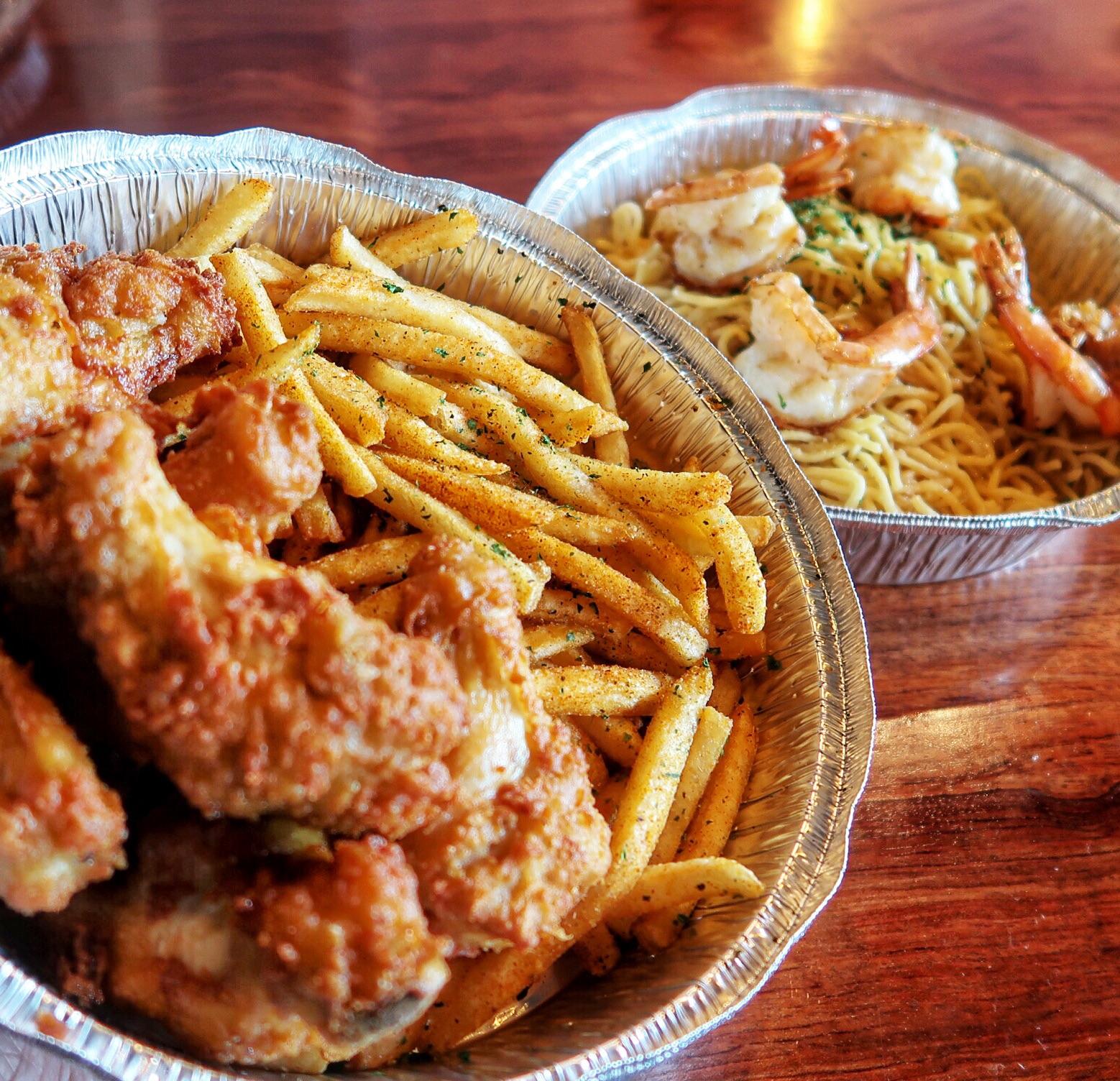 [I ate] Chicken wings, fries, and garlic shrimp pasta in Costa Mesa, CA