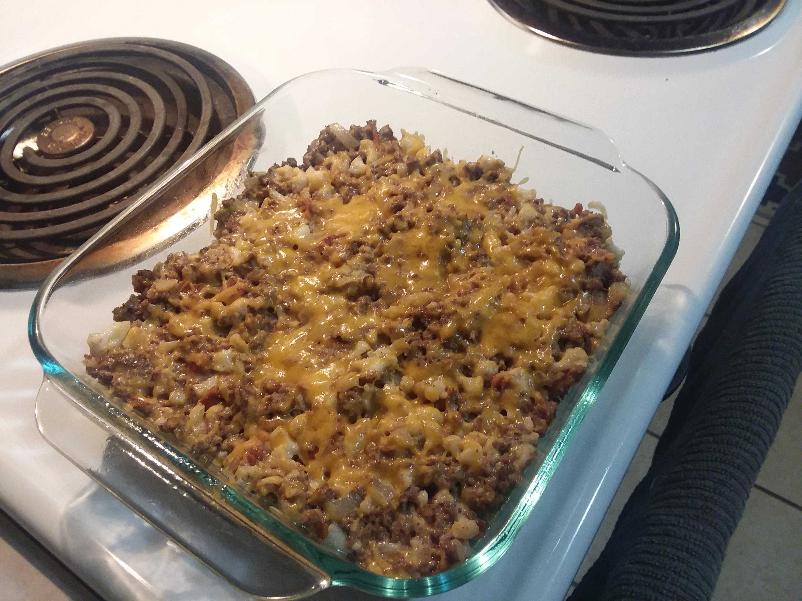Bacon Cheeseburger casserole. Cauliflower and onions sauteed in bacon grease. r/ketorecipes
