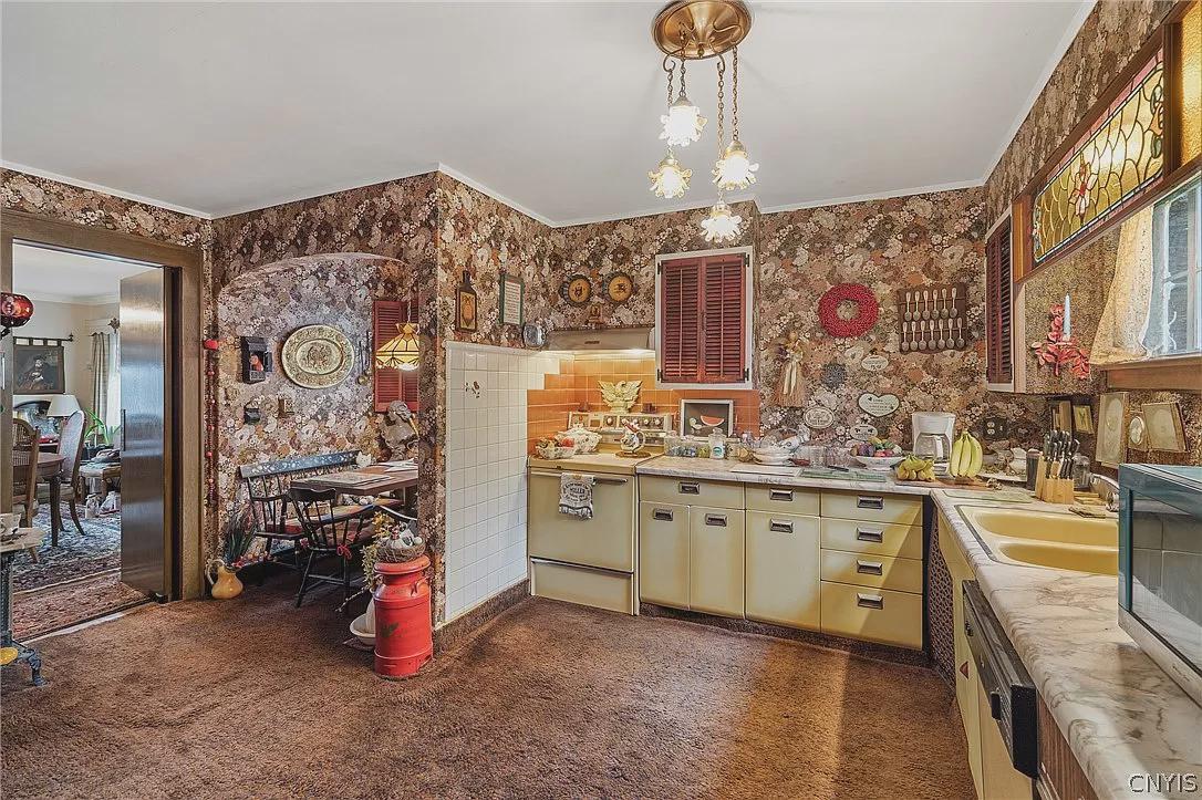 Groovy bathroom, carpeted kitchen! r/zillowgonewild