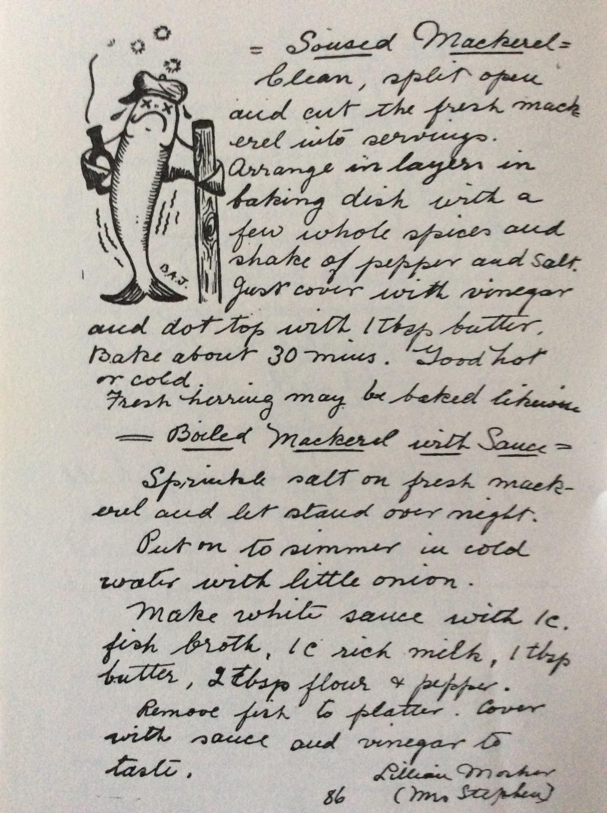 “Soused Mackerel” from a 1953 NS church recipe book. The thing is all