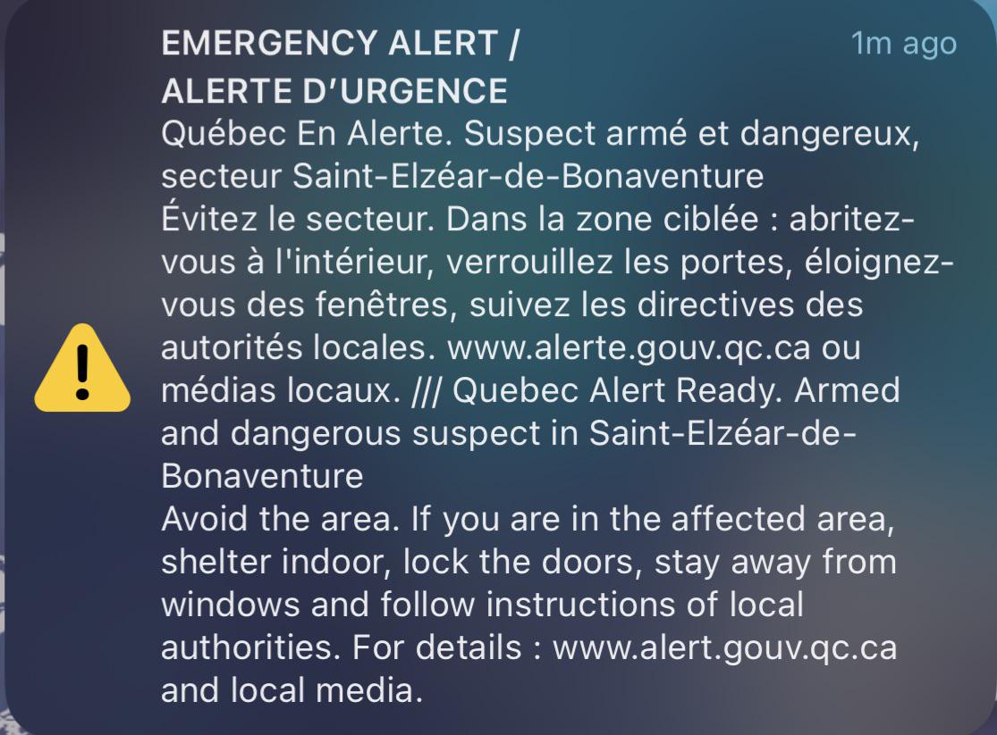 Alerte d’urgence StElzéardeBonaventure r/Quebec