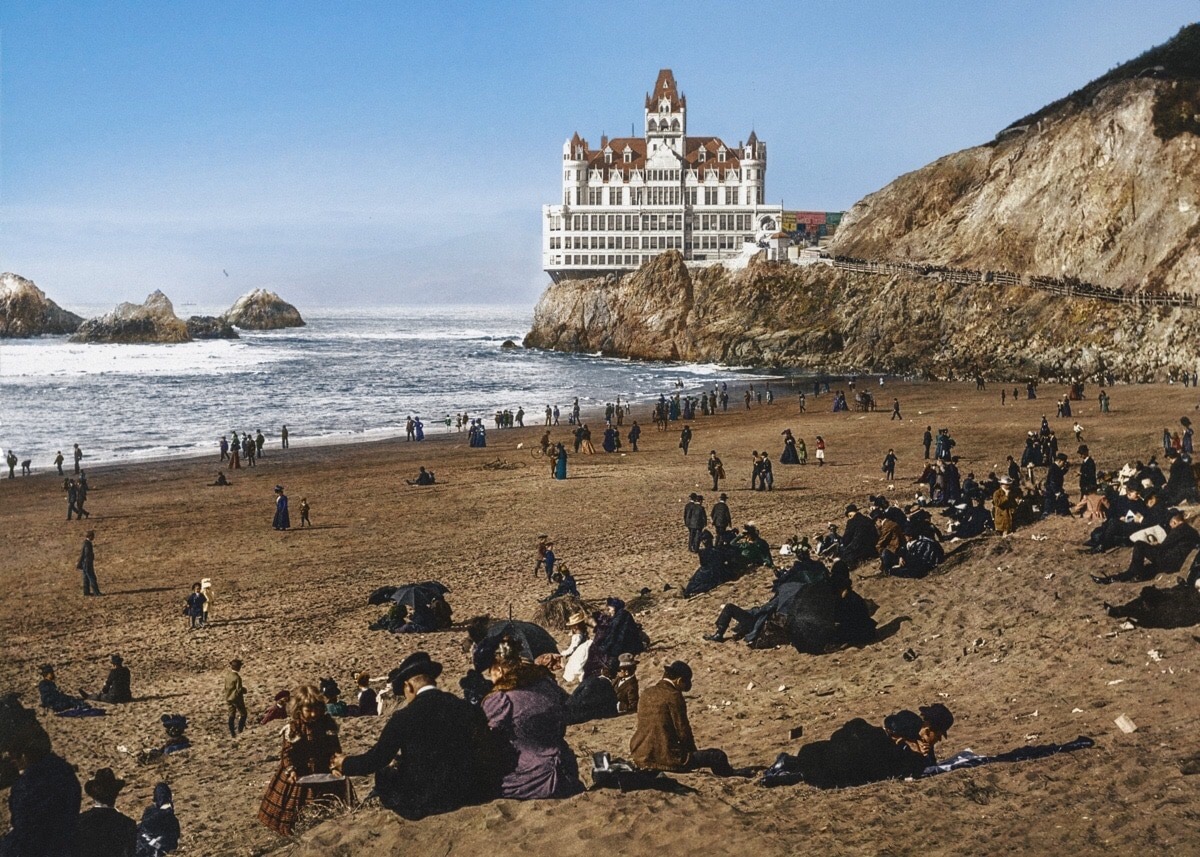 Ocean Beach and Cliff House circa 1902. Colorized by Jordan Lloyd. r
