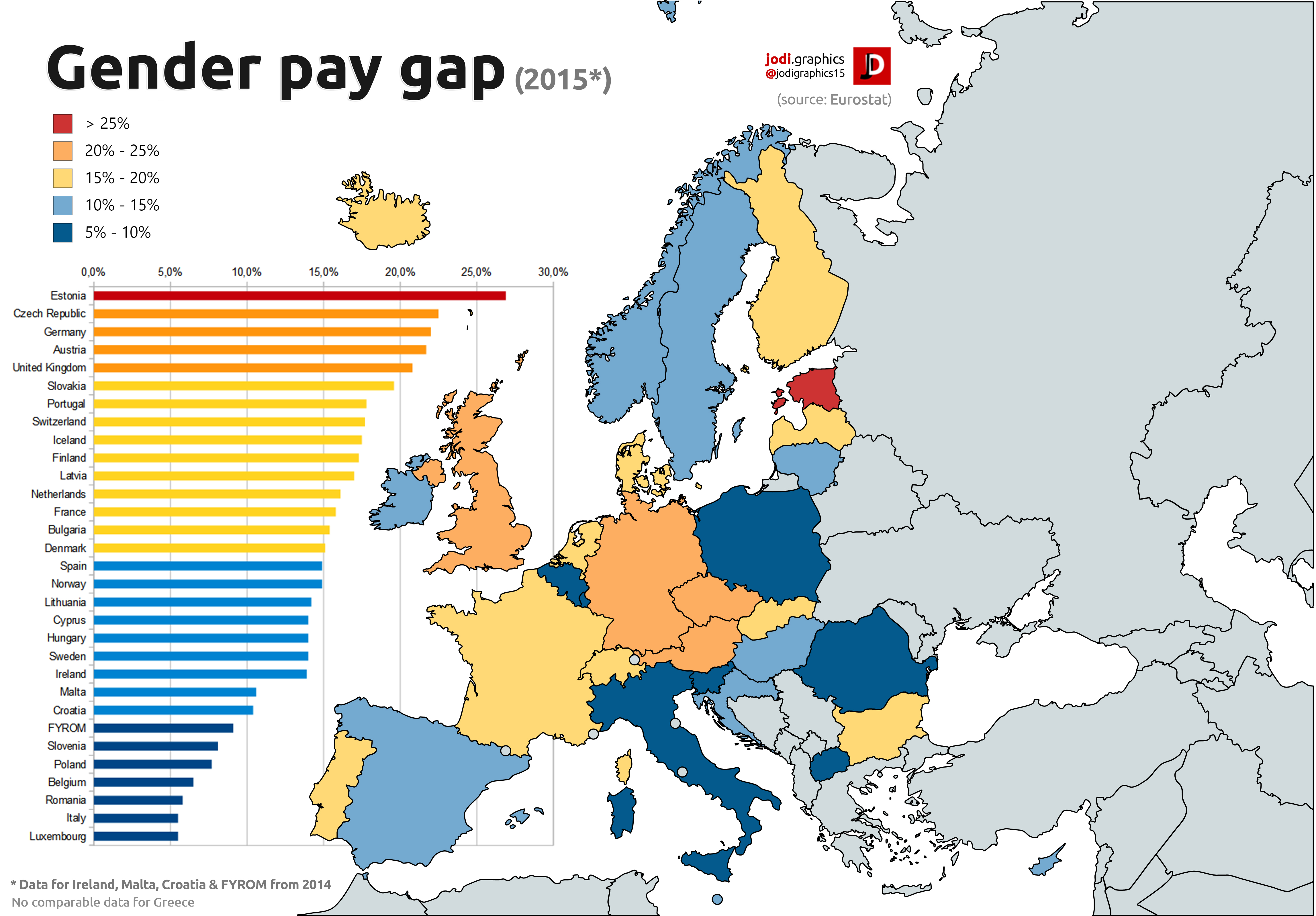 Gender pay gap (2015) [4591x3196] r/MapPorn