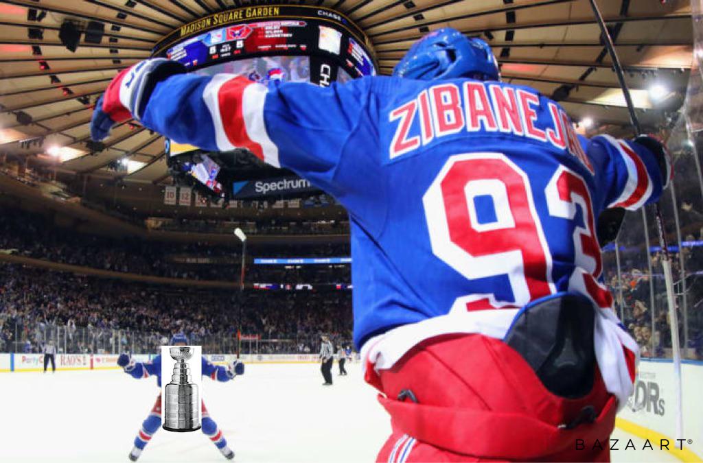 The New York Rangers and the Stanley cup each other with open