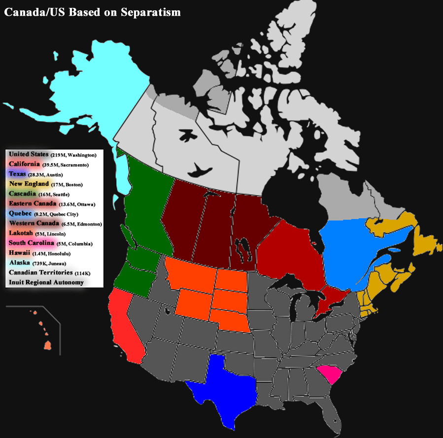 I broke up Canada and the US into secessionist countries ) r/canada
