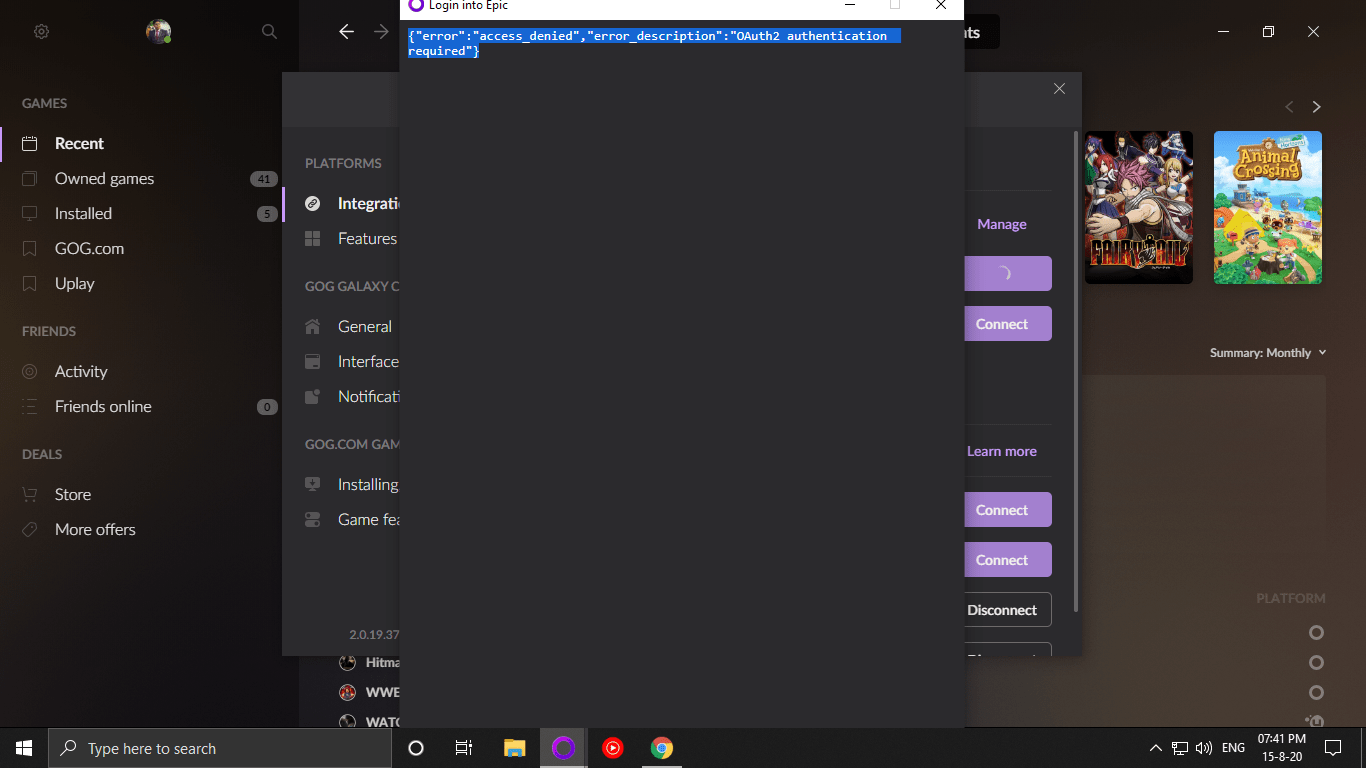 Epic Games Integration not working. Help pls. It shows this error. r/gog