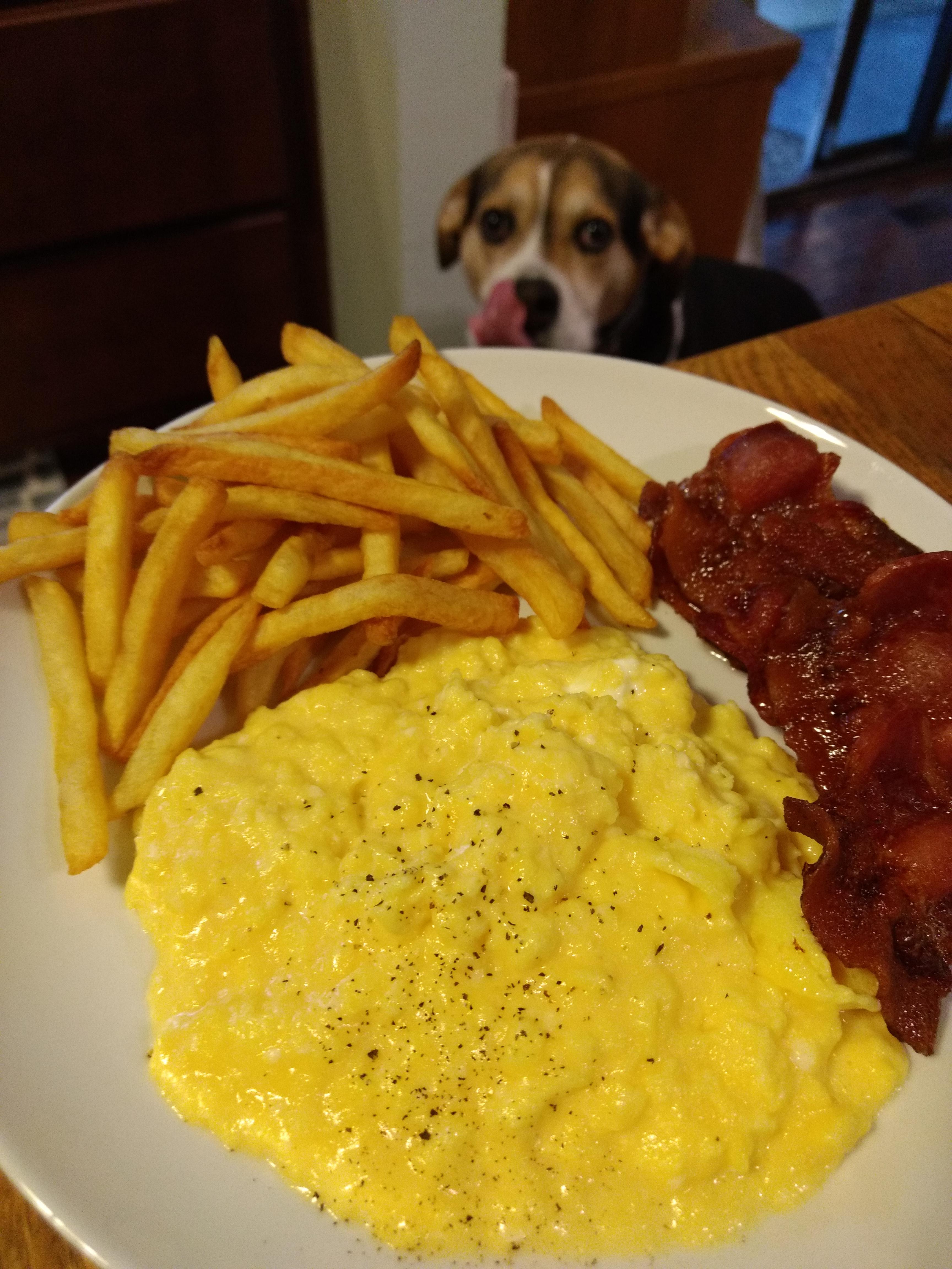 Soft scrambled eggs, french fries, and bacon FoodPorn