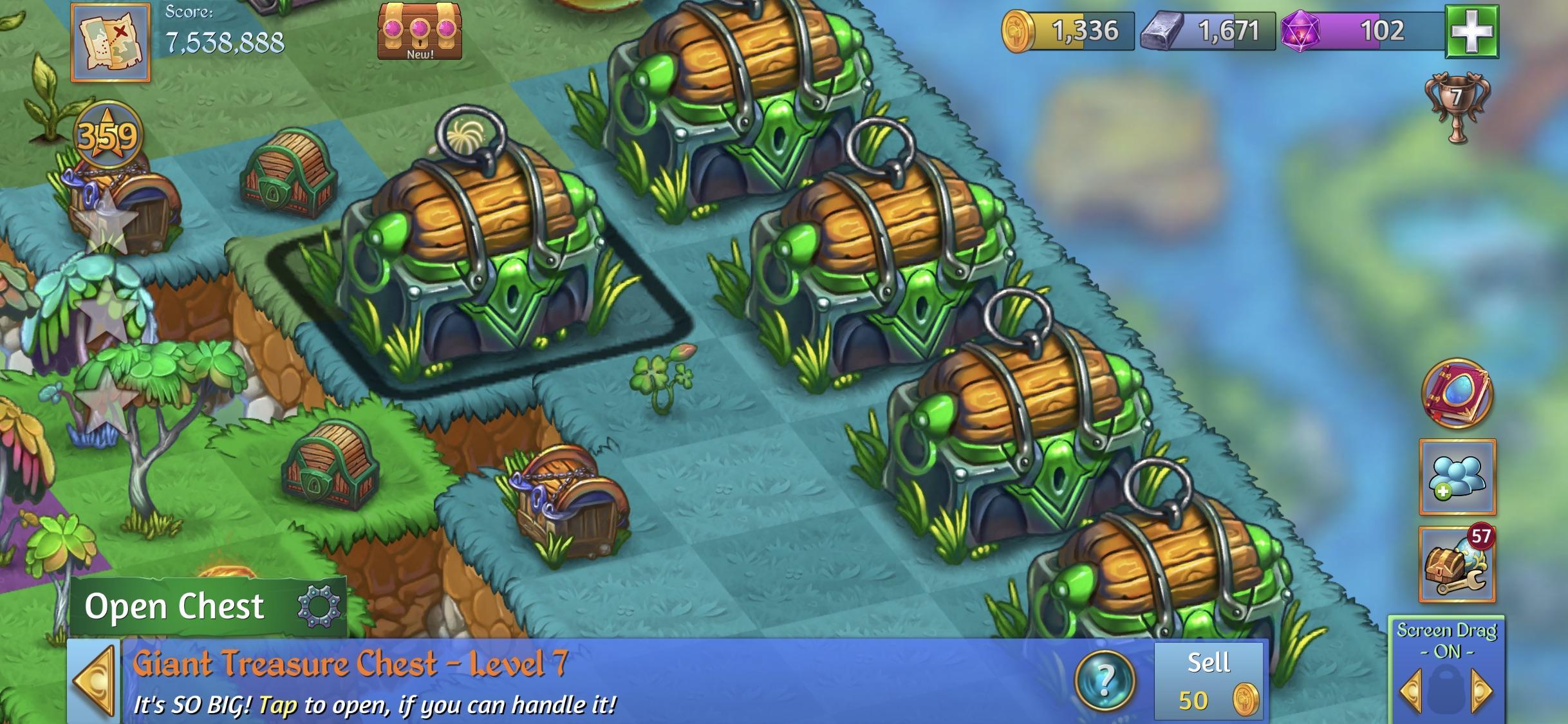 I have 5 Giant Treasure Chests level 7, and they won’t merge. Any