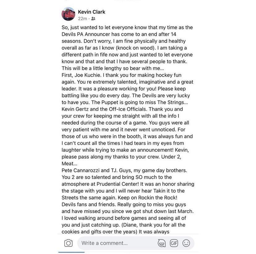 After 14 Seasons with the team, PA Announcer Kevin Clark announces his