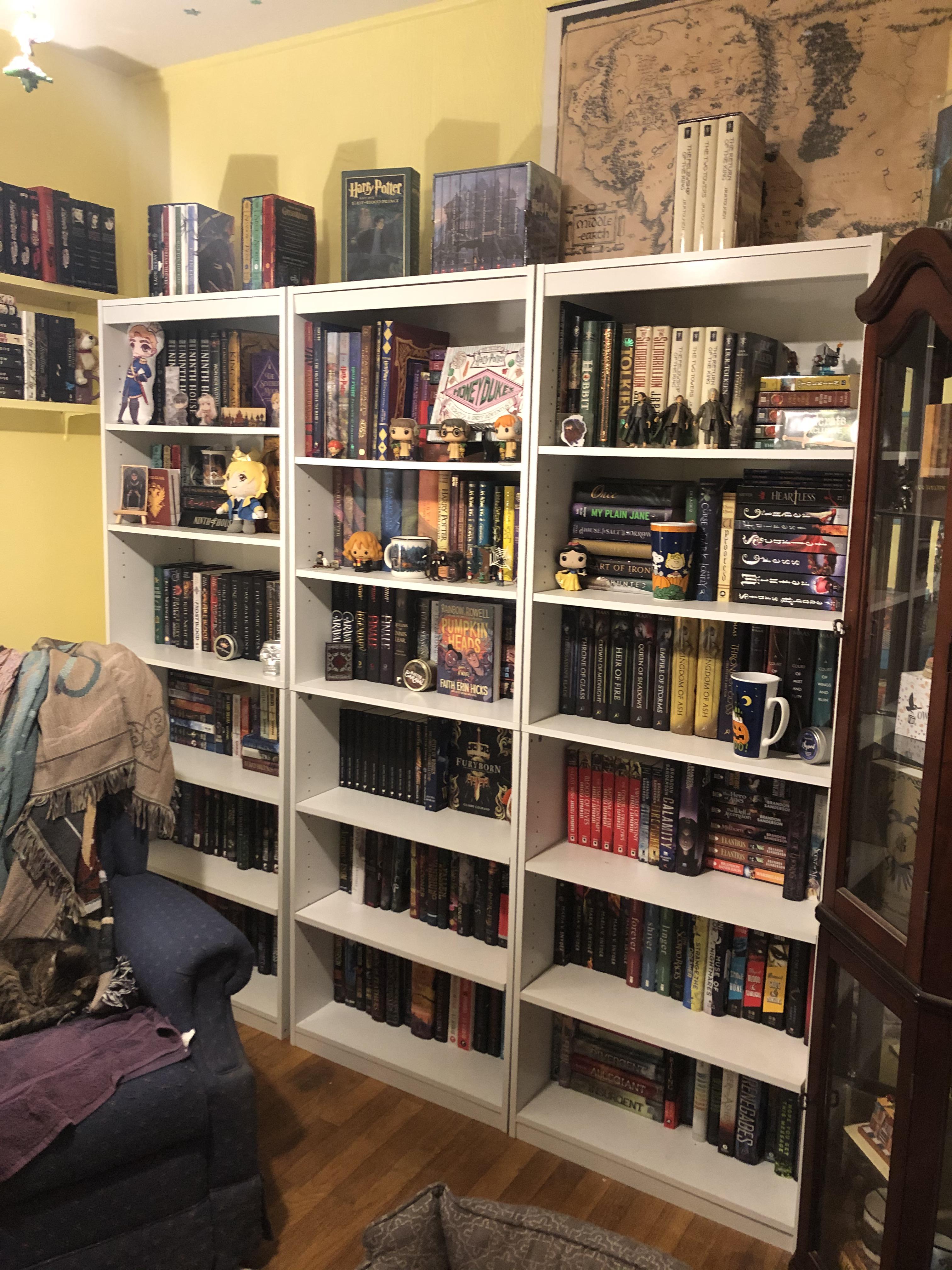 My bookshelves! I am a book addict/dragon (mostly YA) and I just joined Reddit! So excited to be