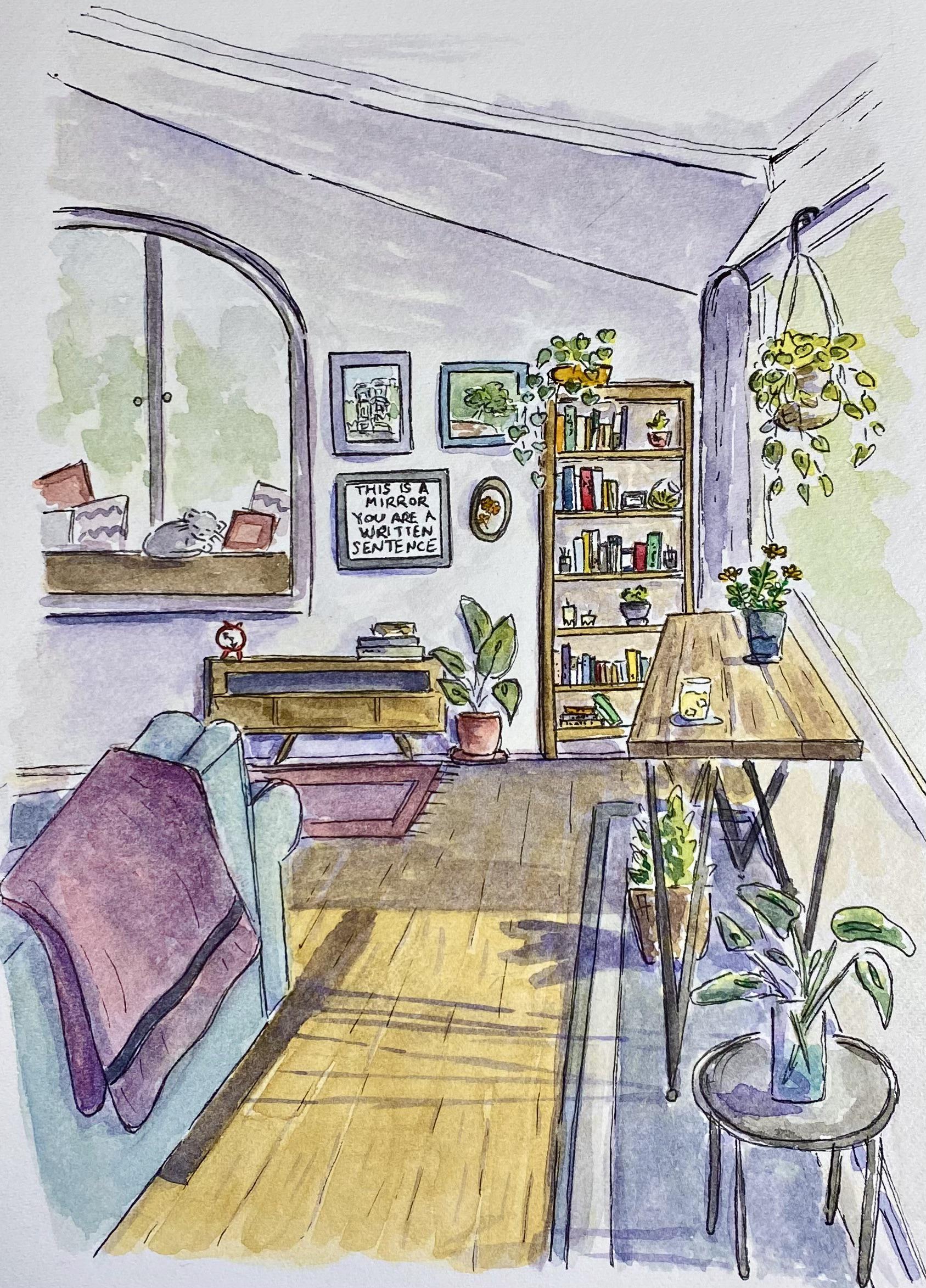 A cozy watercolor living room based on a picture from here! r/cozy