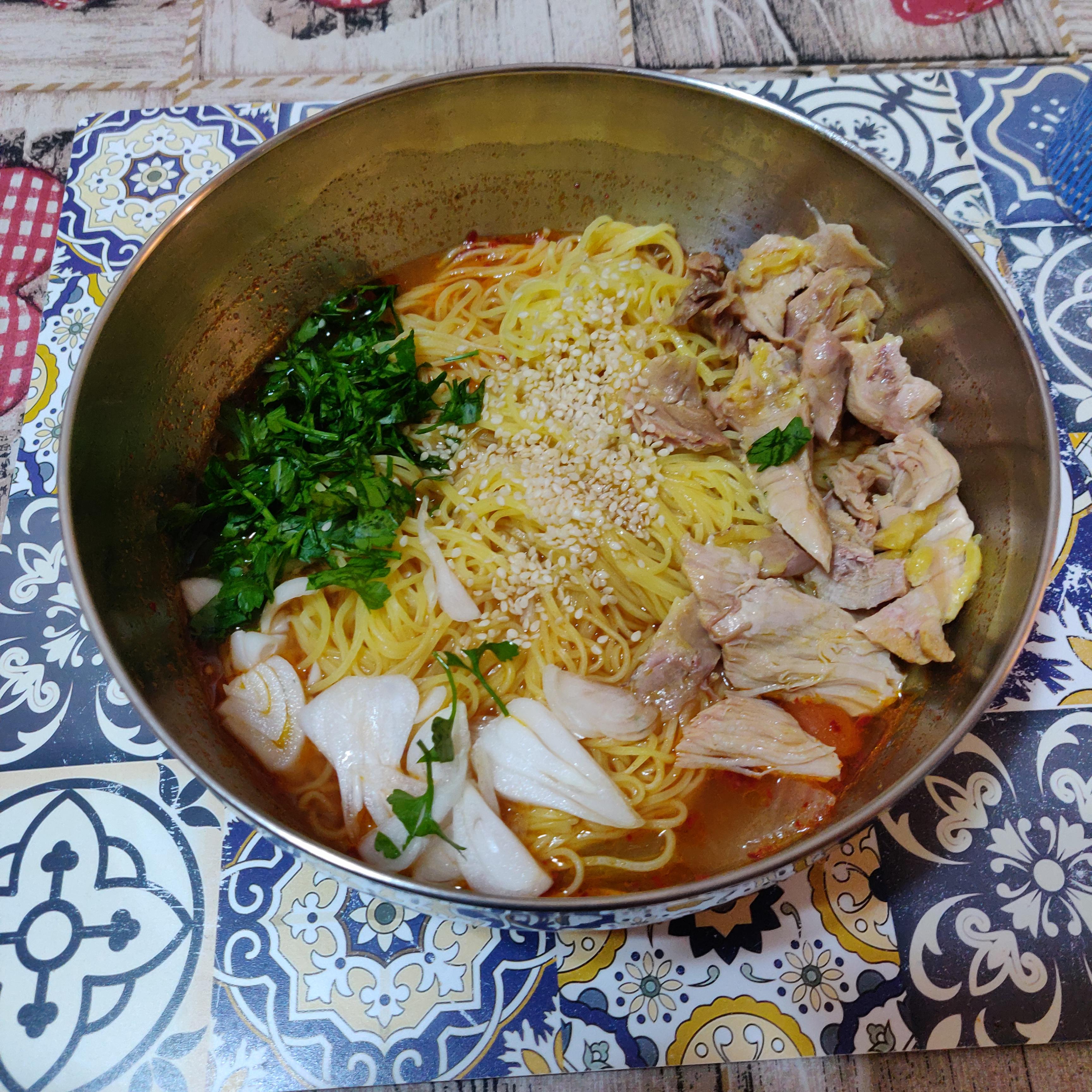 닭장 칼국수 Spicy chicken noodle soup, recipe courtesy of Seonkyoung