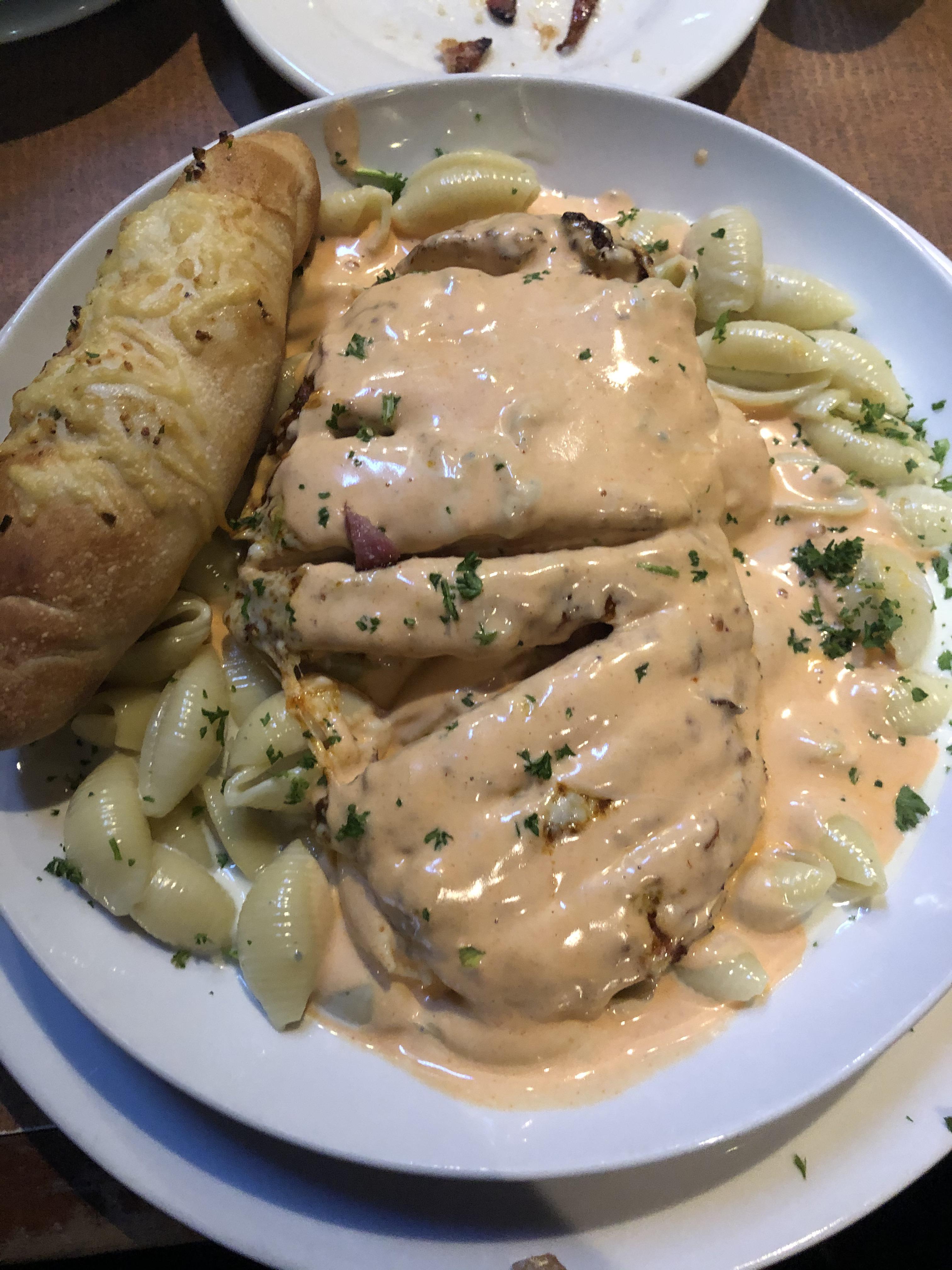 [I ate] buffalo chicken parm with shells in a blue cheese cream sauce