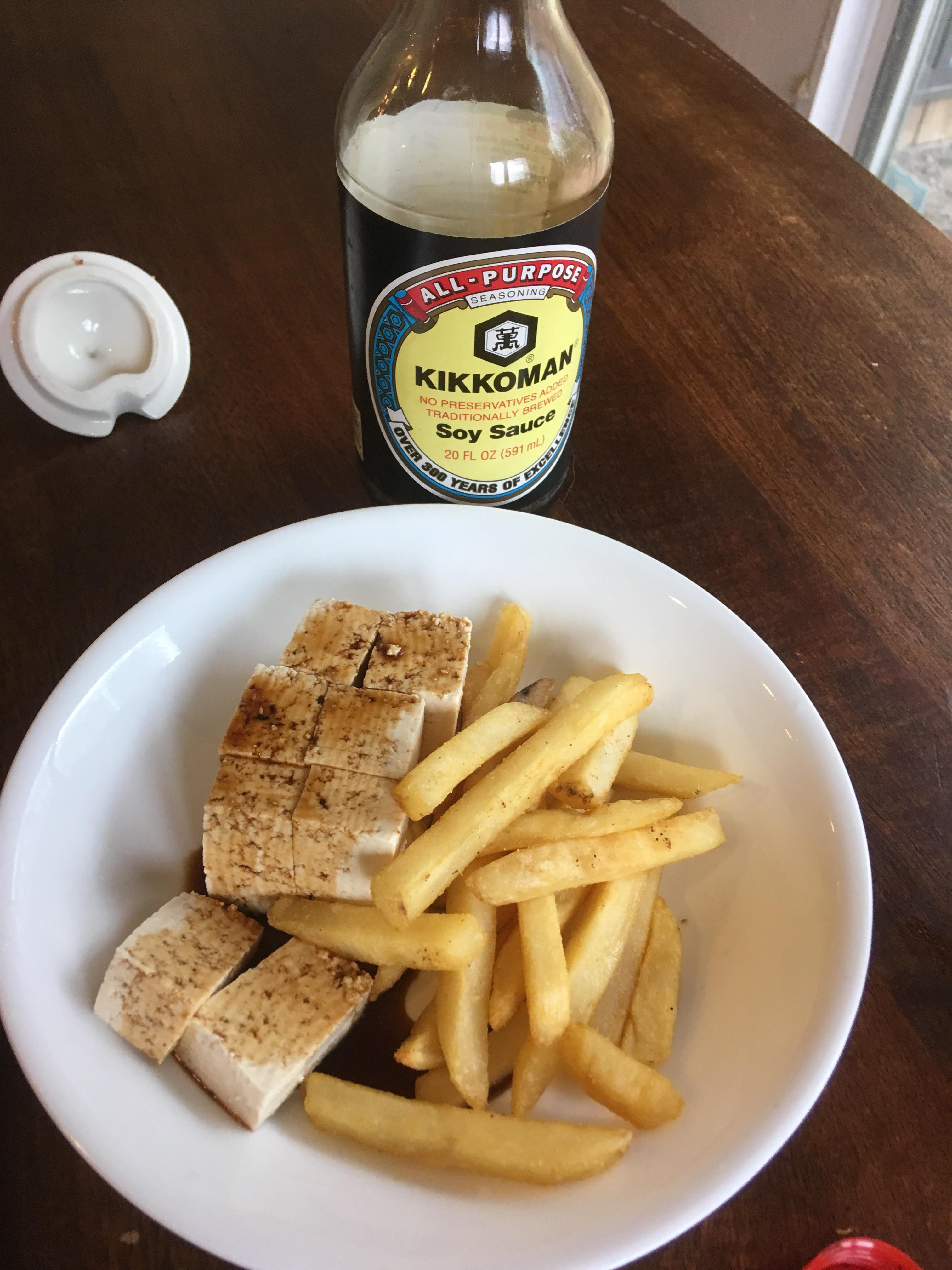 French fries, plain tofu, and soy sauce. r/ShittyVeganFoodPorn