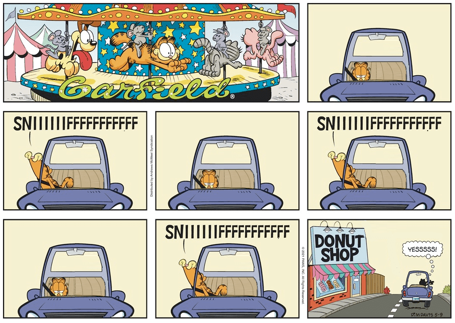 Garfield is in a dangerous, driverless car, but is ok with it because