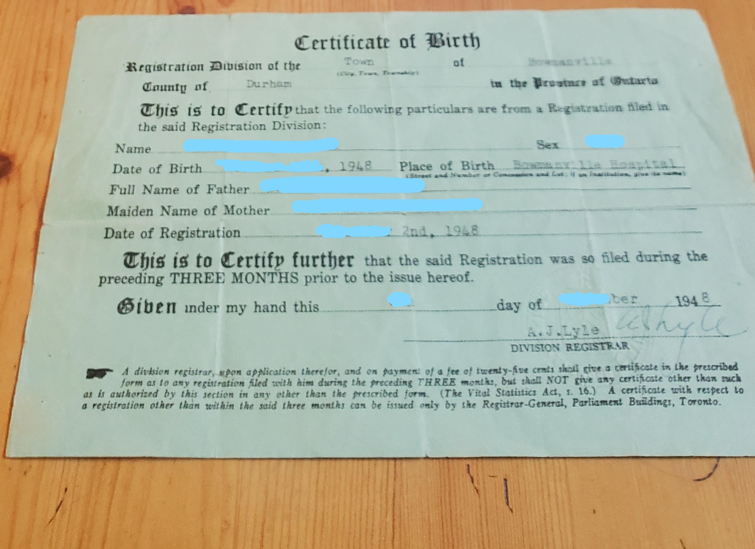 Ontario birth certificate from 1948! r/ontario
