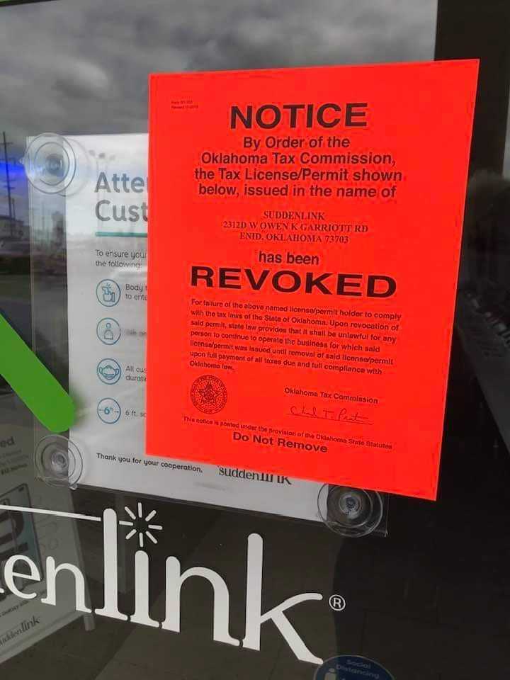 Enid, Oklahoma, Tax Commission the Tax License/Permit Revoked. r