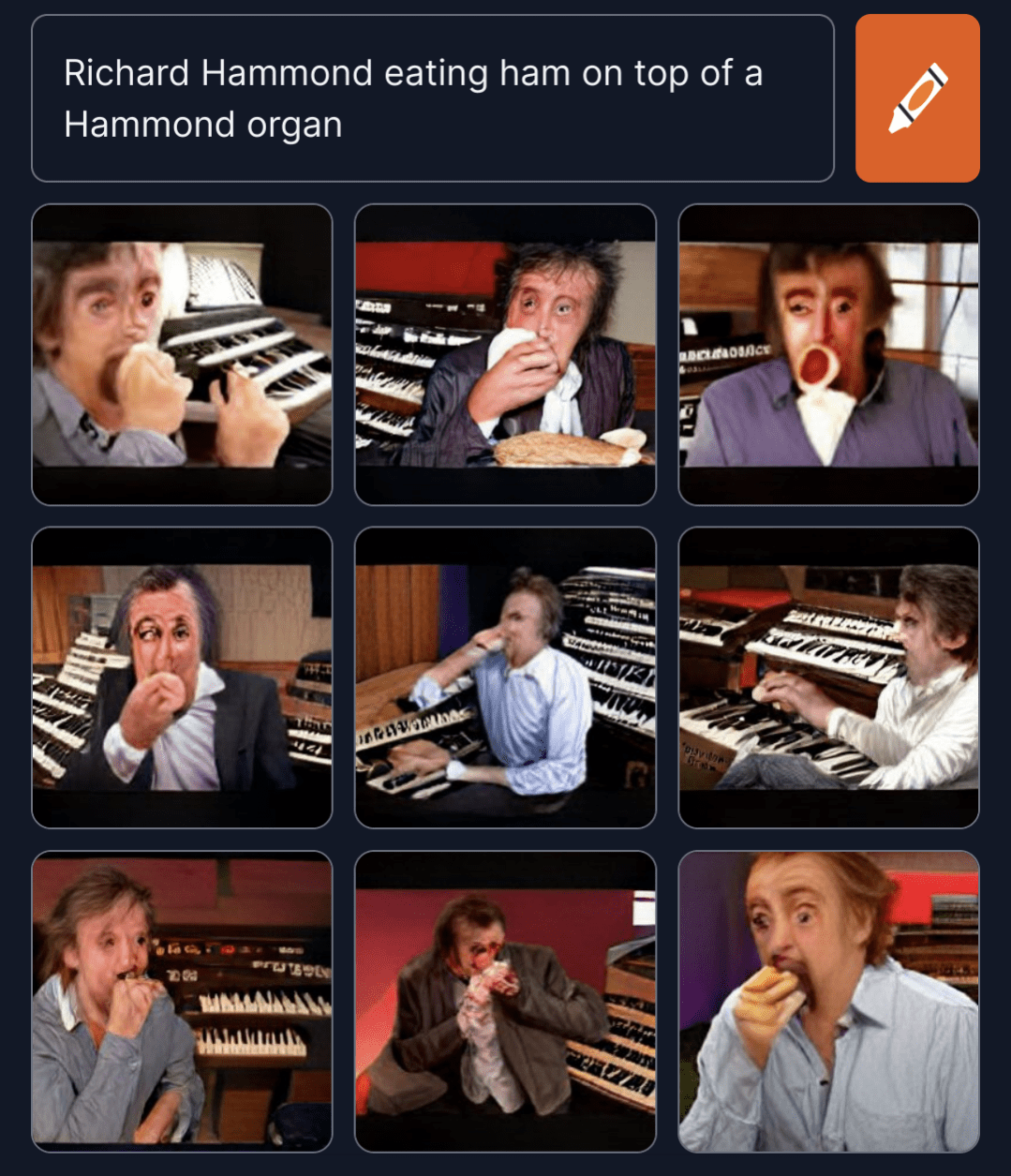 Richard Hammond eating ham on top of a Hammond organ r/weirddalle