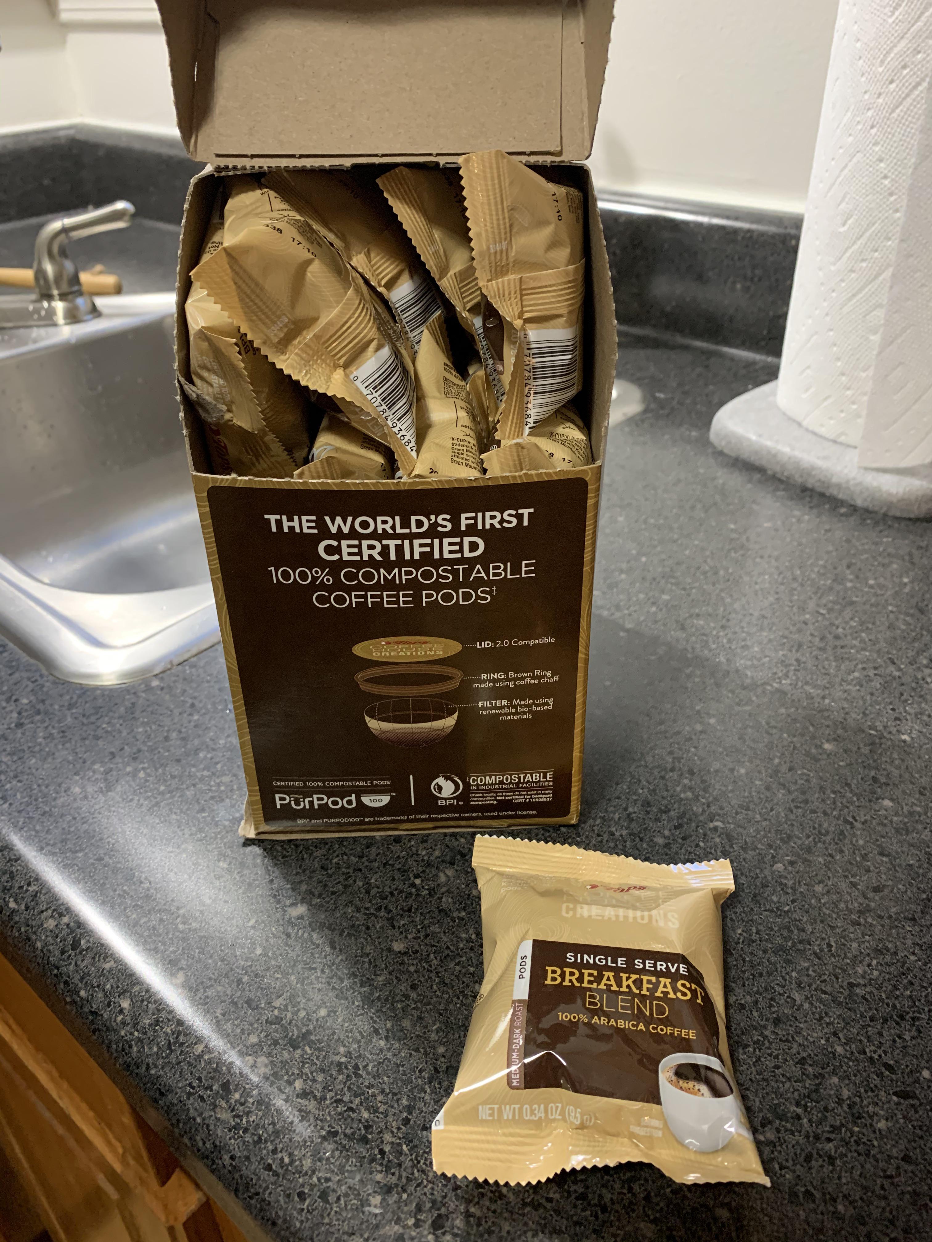 100 compostable coffee pods!!...each individually wrapped in plastic