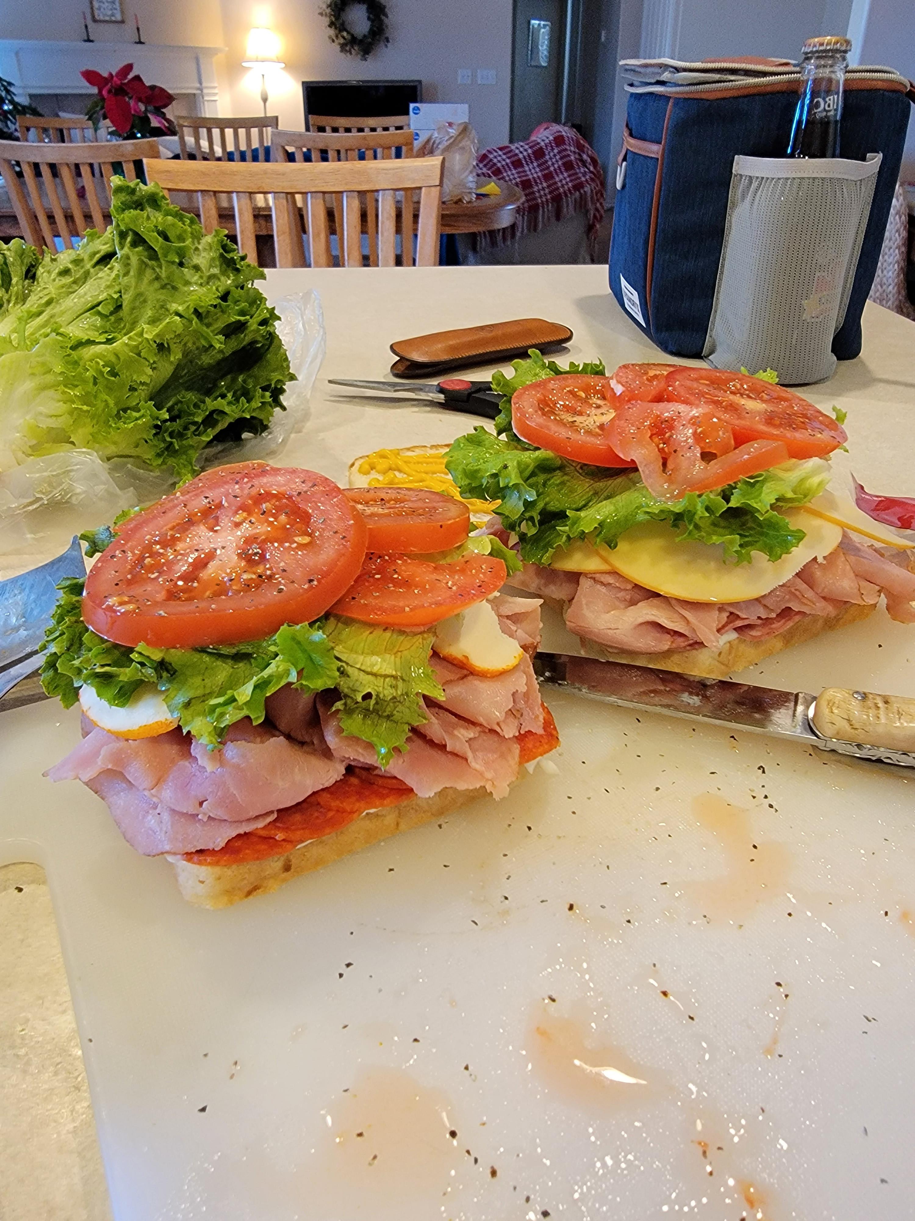 Today's lunch, including pepperoni, salami, black forest ham, Port Salut cheese, gouda, mayo