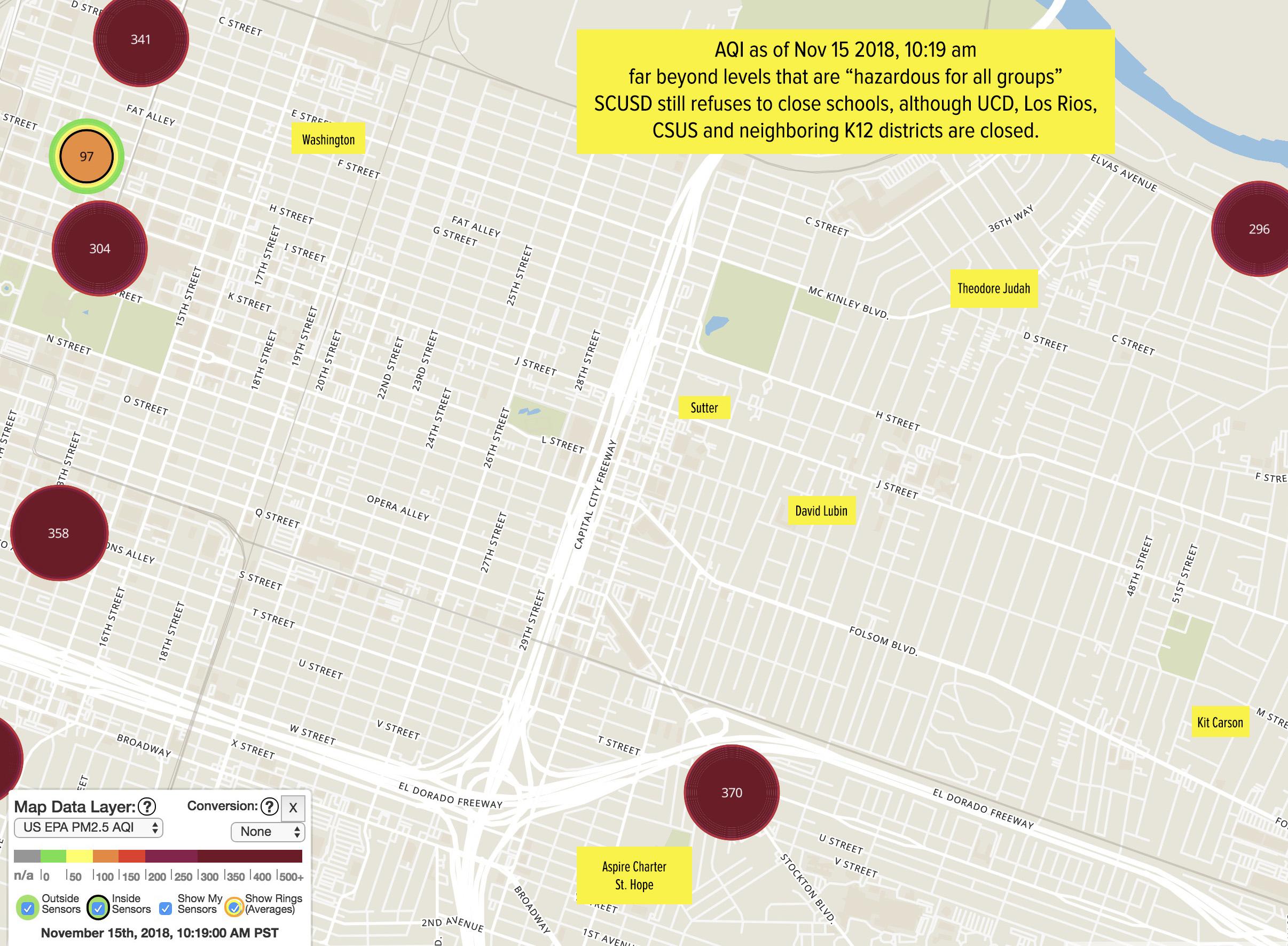 Air quality & schools (midtown, East Sacramento); substantially worse than yesterday, but still