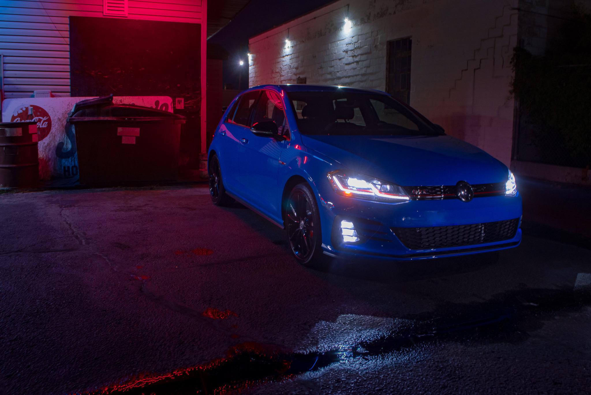 Outrun Aesthetic photography of this 2019 VW Golf GTI Rabbit 🐇 Edition in Cornflower Blue r