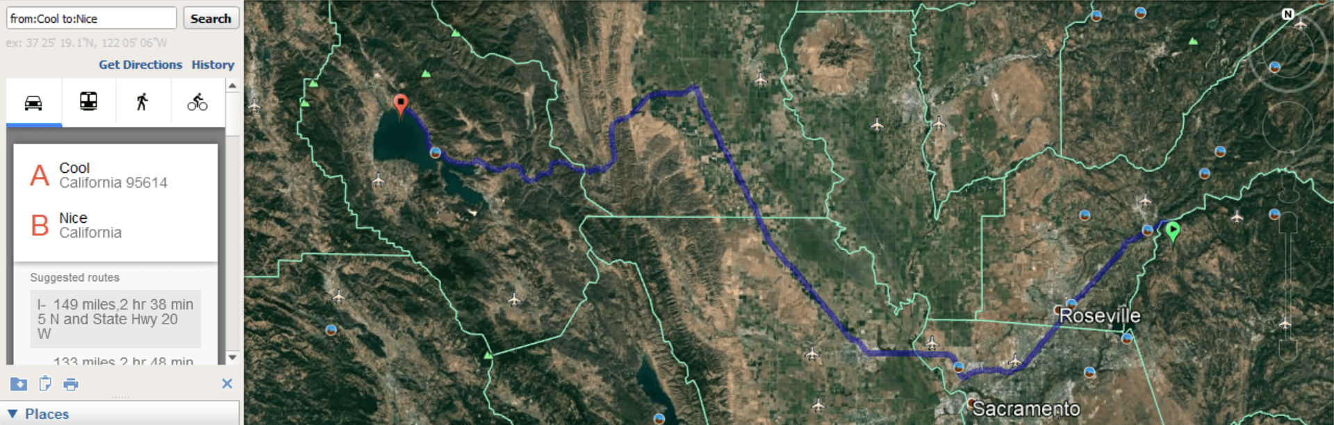 From Cool, California to Nice, California on Google Earth